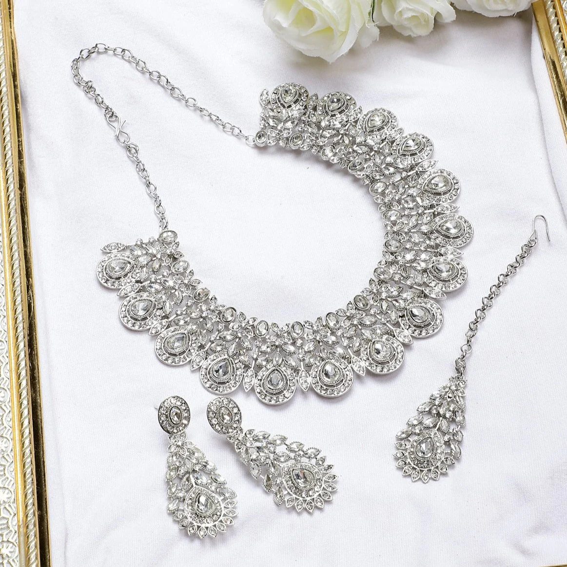 Silver Oxidized Necklace  with Earring and Maang Tikka by Leshya - Image 2