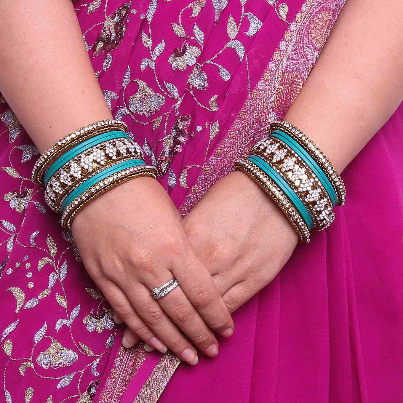 Stylish Matte Finish And Running Stone Pattern Bangle Set - Image 16