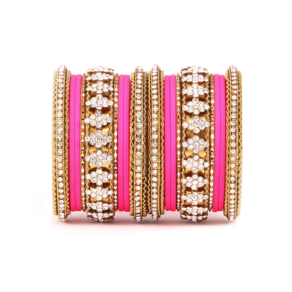 Stylish Matte Finish And Running Stone Pattern Bangle Set - Image 3