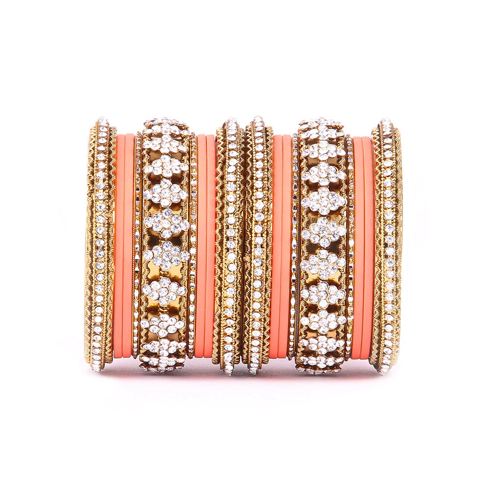 Stylish Matte Finish And Running Stone Pattern Bangle Set - Image 9