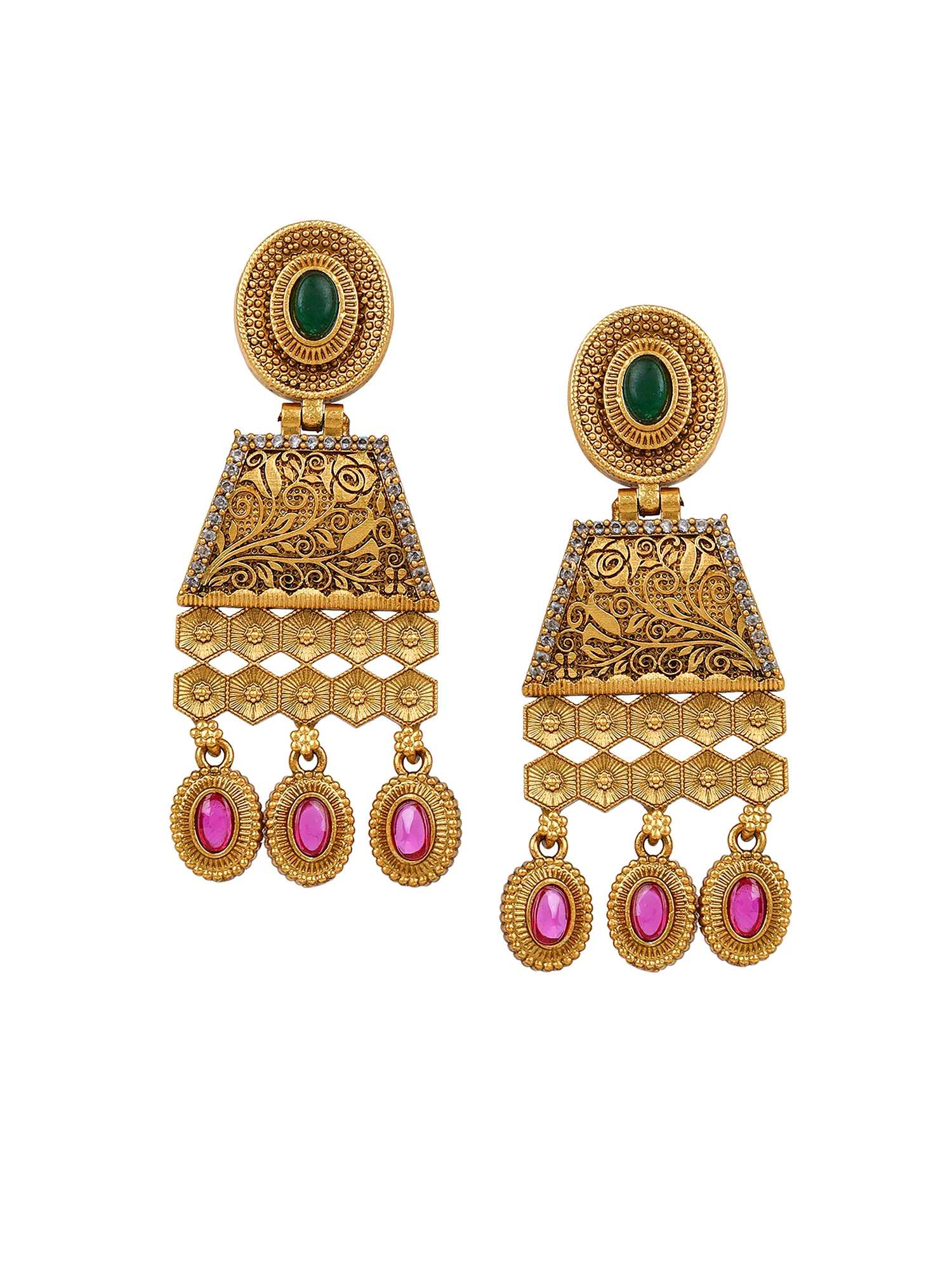 Temple Jewellery Earring with Coloured Stones and Gold Polish  by Leshya - Image 2