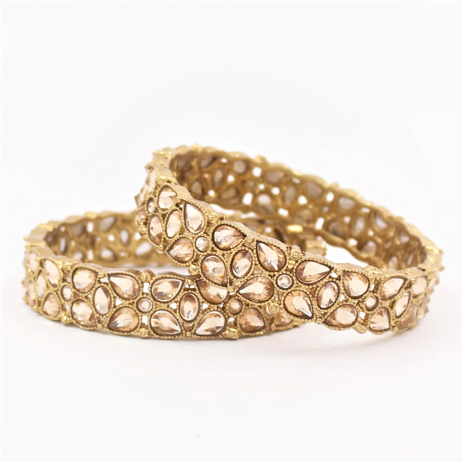 Traditional Antique Gold Bracelet Pair with Running Kundan Stones by Leshya - Image 3