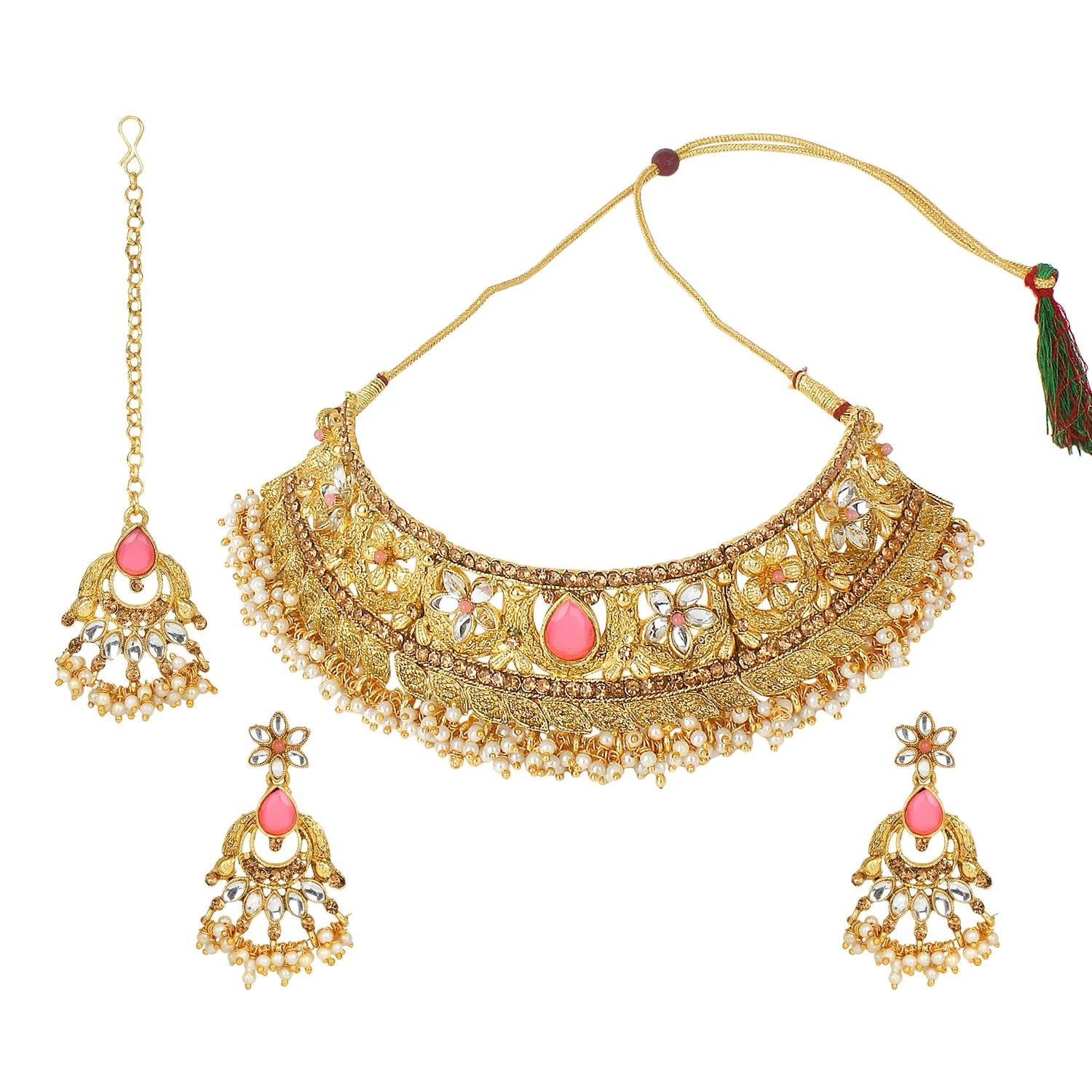 Traditional Golden Stone Jewellery Set with gajra Border by Leshya - Image 4