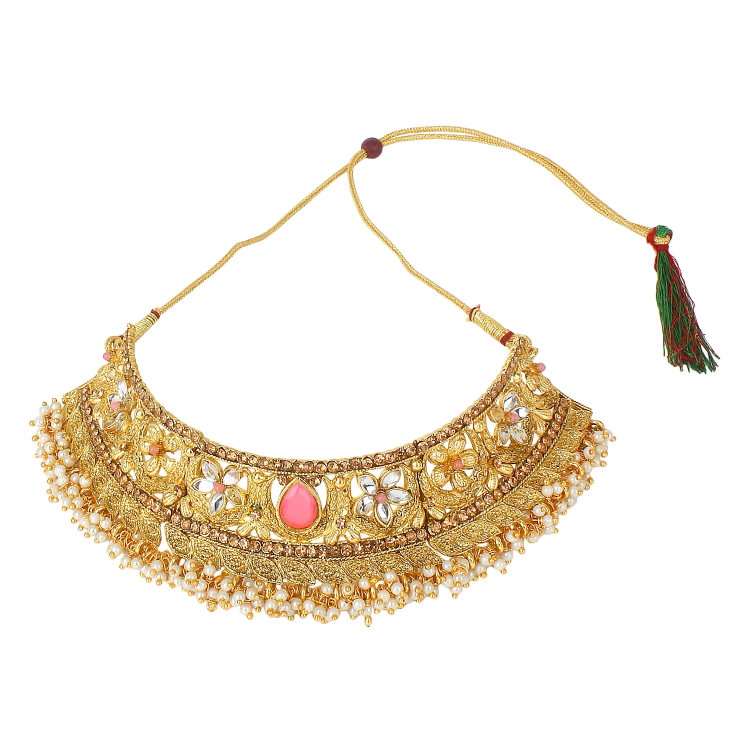 Traditional Golden Stone Jewellery Set with gajra Border by Leshya - Image 2