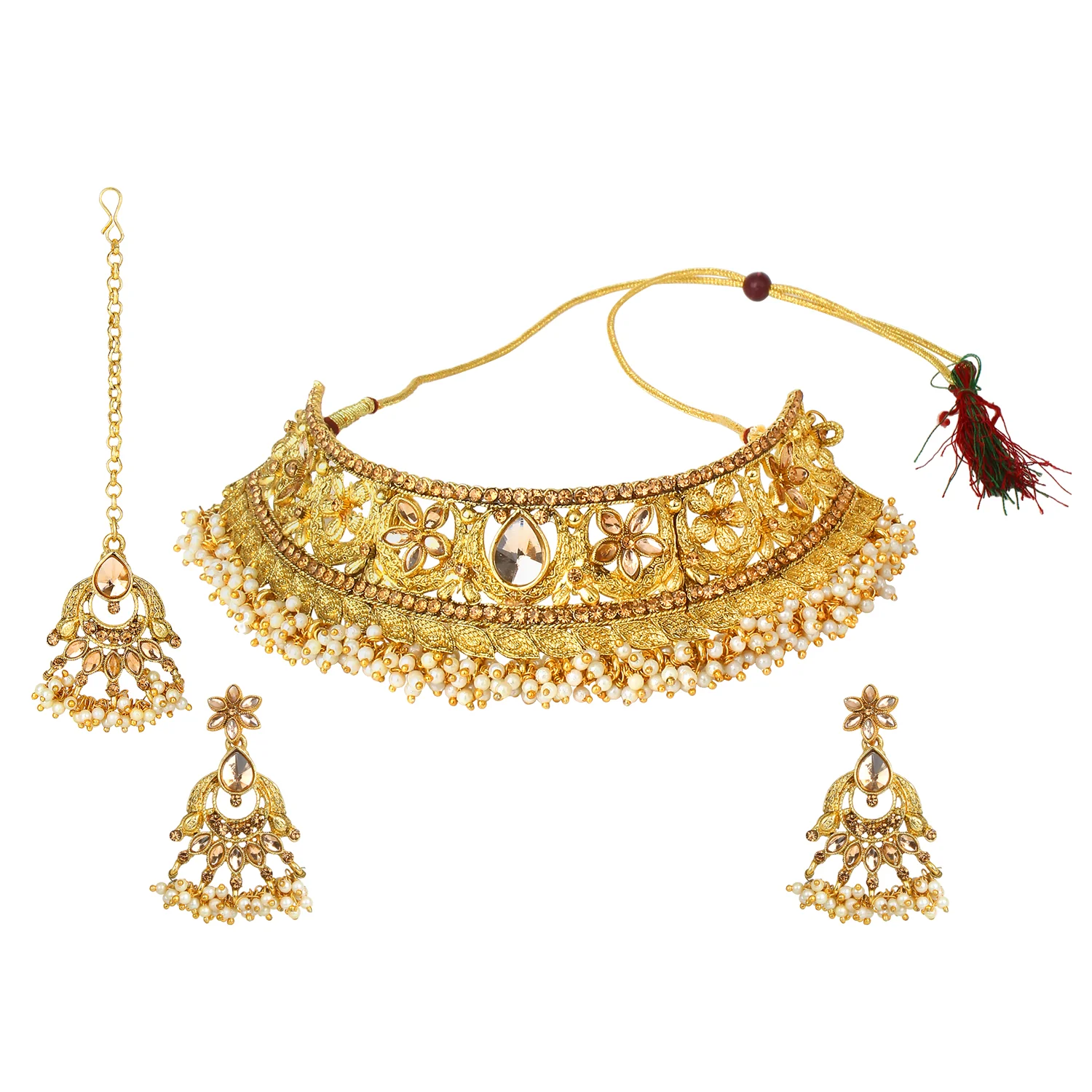 Traditional Golden Stone Jewellery Set with gajra Border by Leshya - Image 4