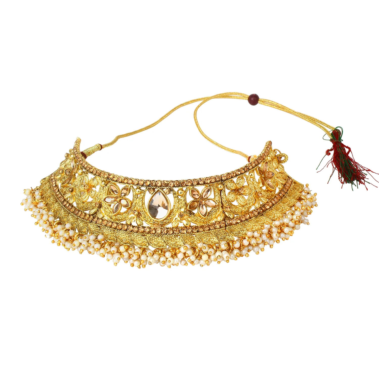 Traditional Golden Stone Jewellery Set with gajra Border by Leshya - Image 5