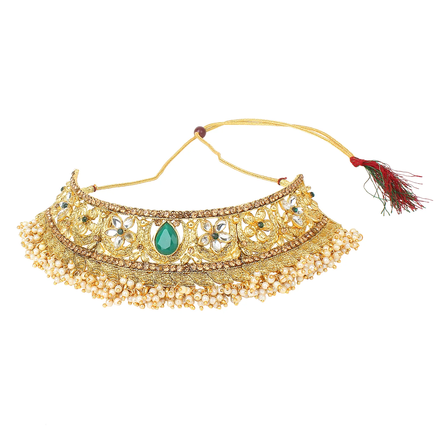 Traditional Golden Stone Jewellery Set with Green center and Kundan by Leshya - Image 2