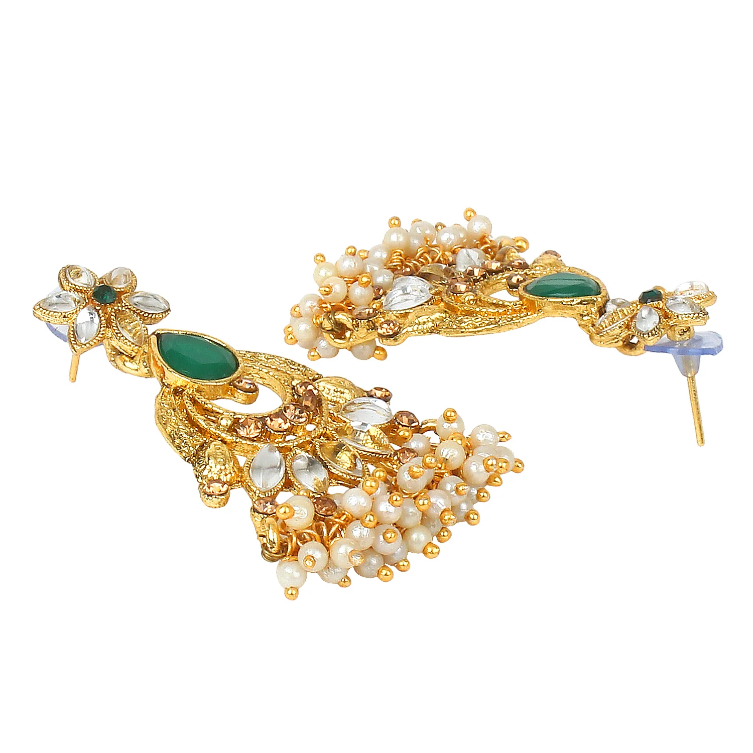 Traditional Golden Stone Jewellery Set with Green center and Kundan by Leshya - Image 3