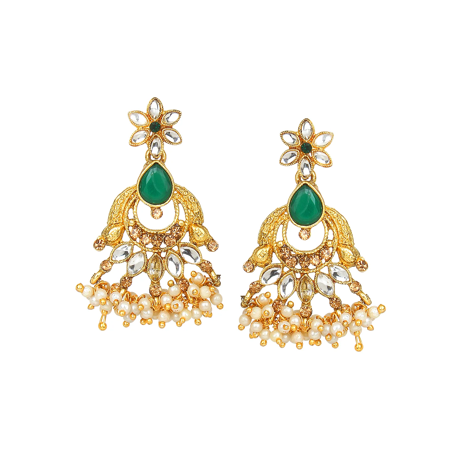 Traditional Golden Stone Jewellery Set with Green center and Kundan by Leshya - Image 4