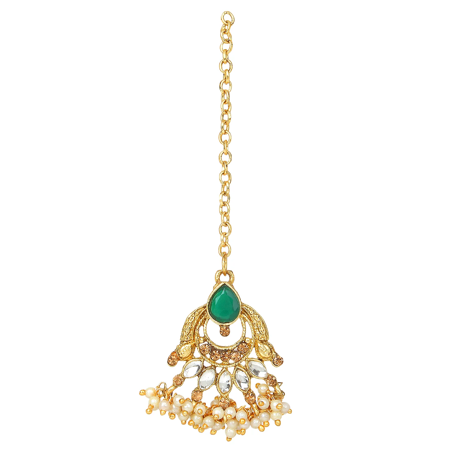 Traditional Golden Stone Jewellery Set with Green center and Kundan by Leshya - Image 5