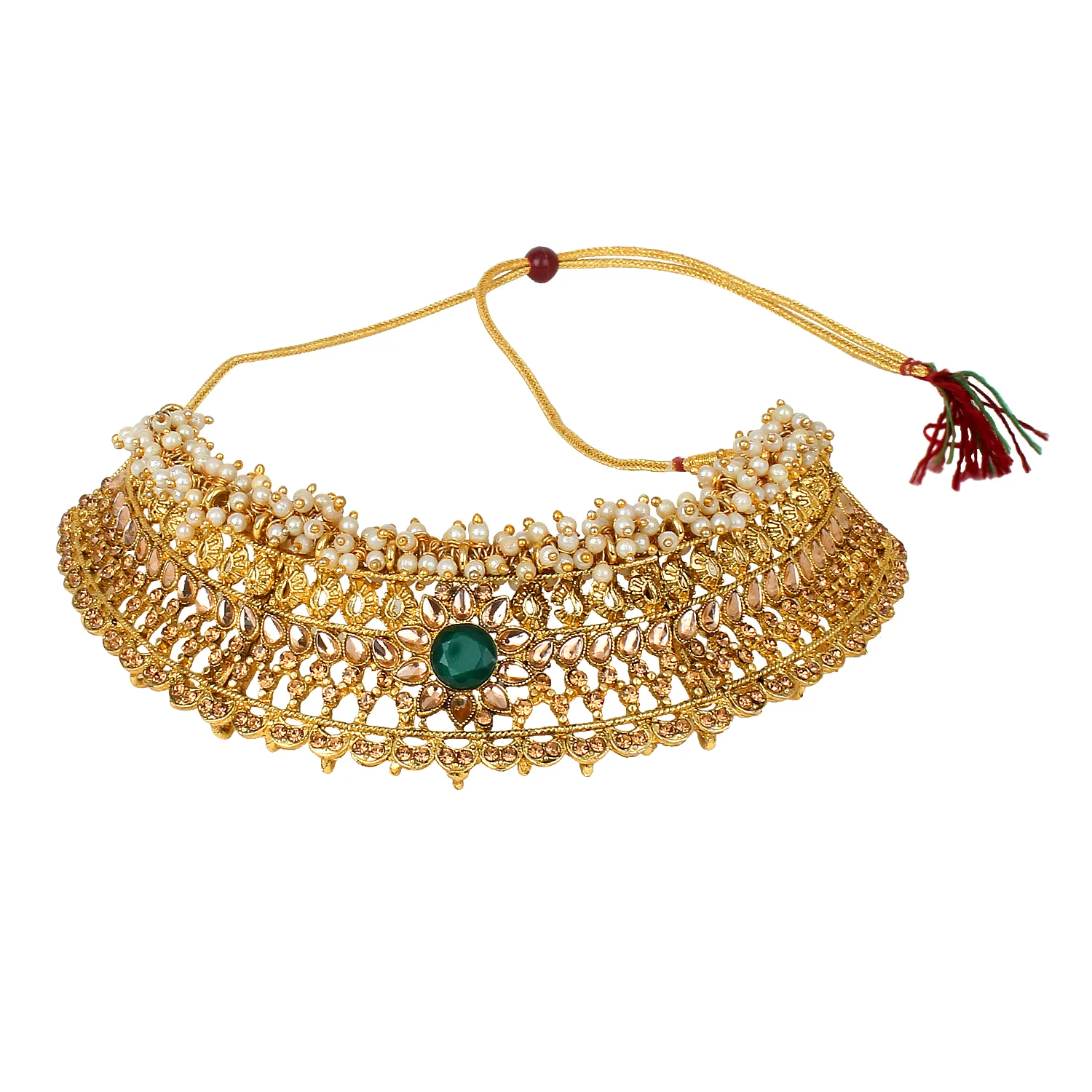 Traditional Golden Stone Jewellery Set with Green center by Leshya - Image 2