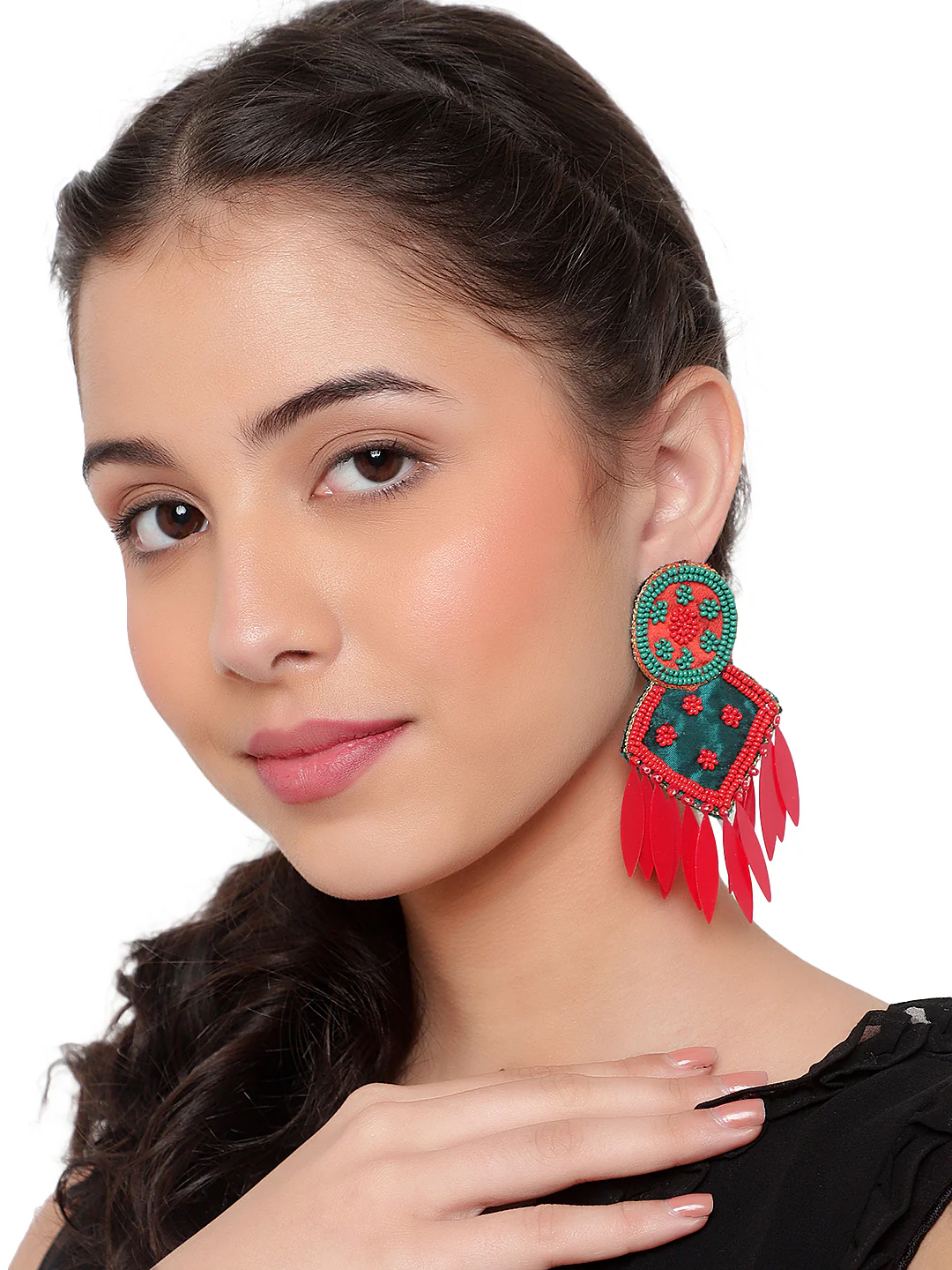 Traditional Handmade Red-Green Jhumki Earring by Leshya - Image 2