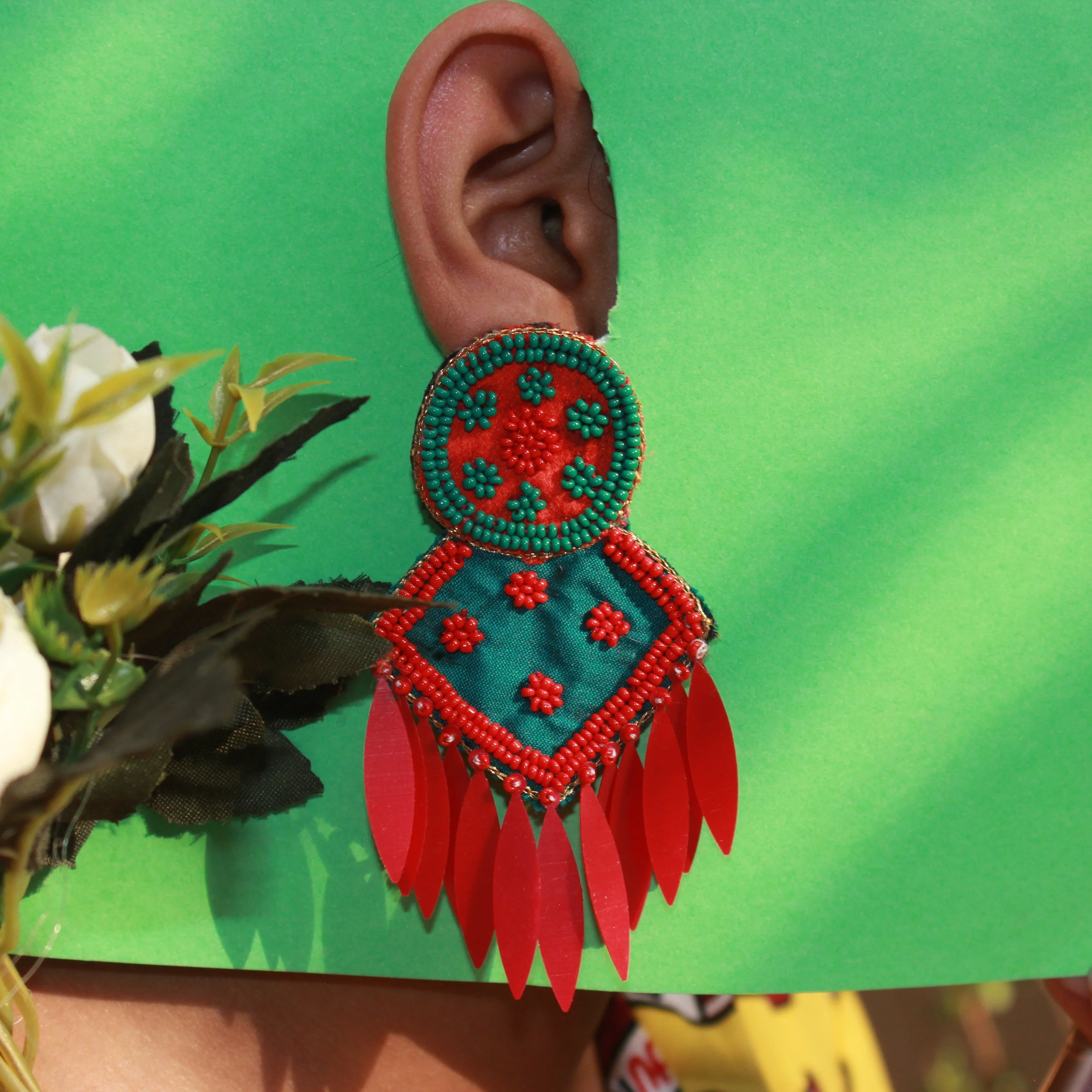 Traditional Handmade Red-Green Jhumki Earring by Leshya - Image 6