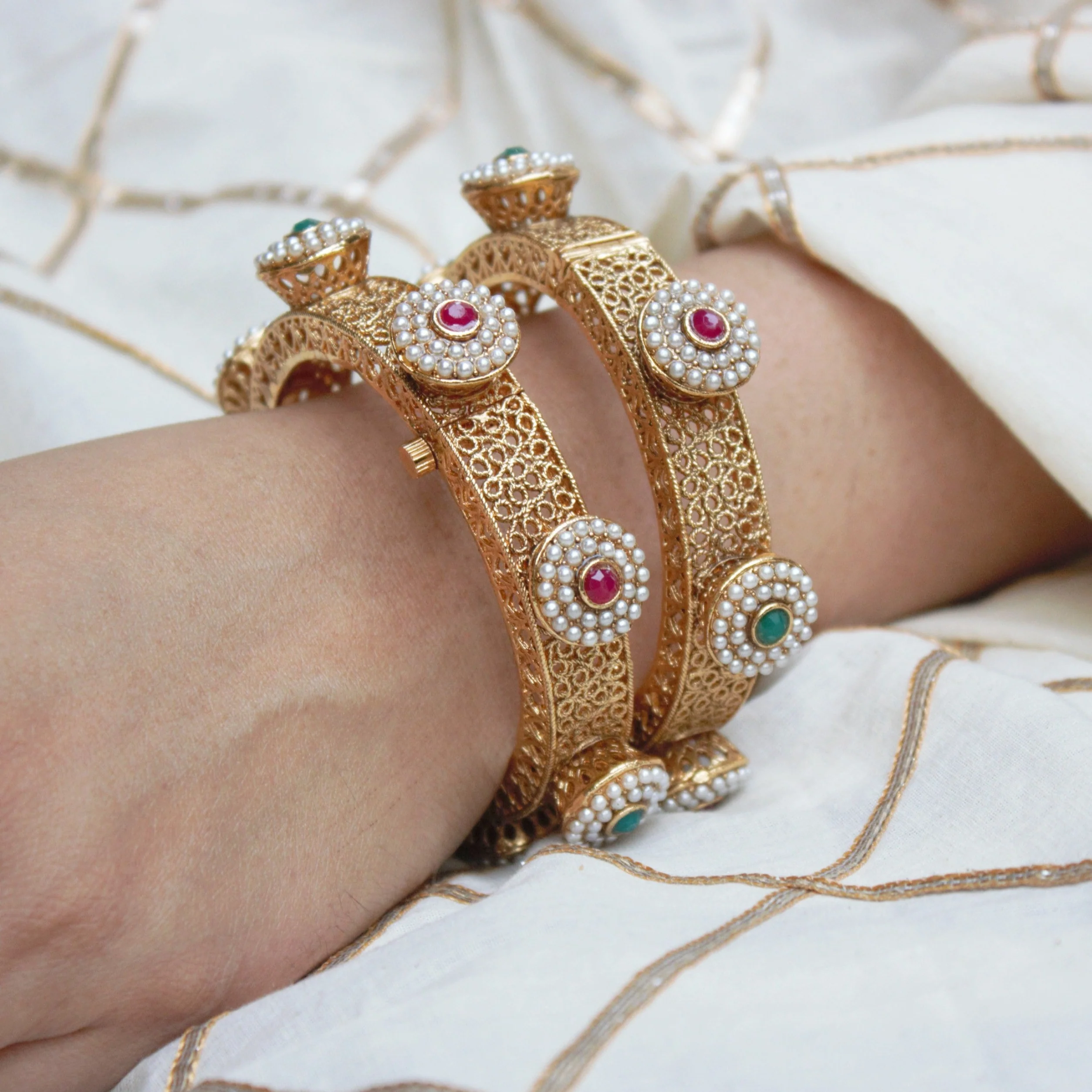 Traditional Jadau Style Bracelets with Stone and Beads by Leshya - Image 2
