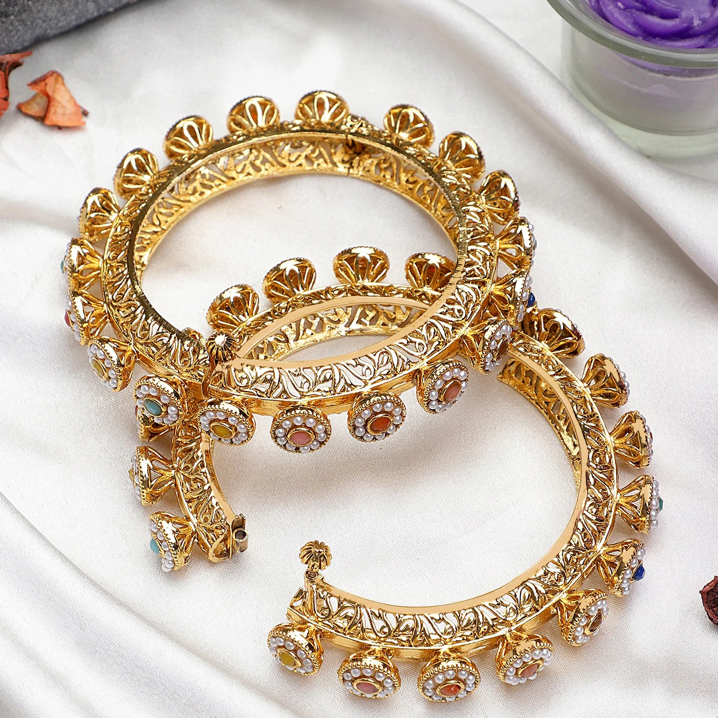 Traditional Jadau Style Rajasthani Bracelets with Stone and Beads by Leshya - Image 3