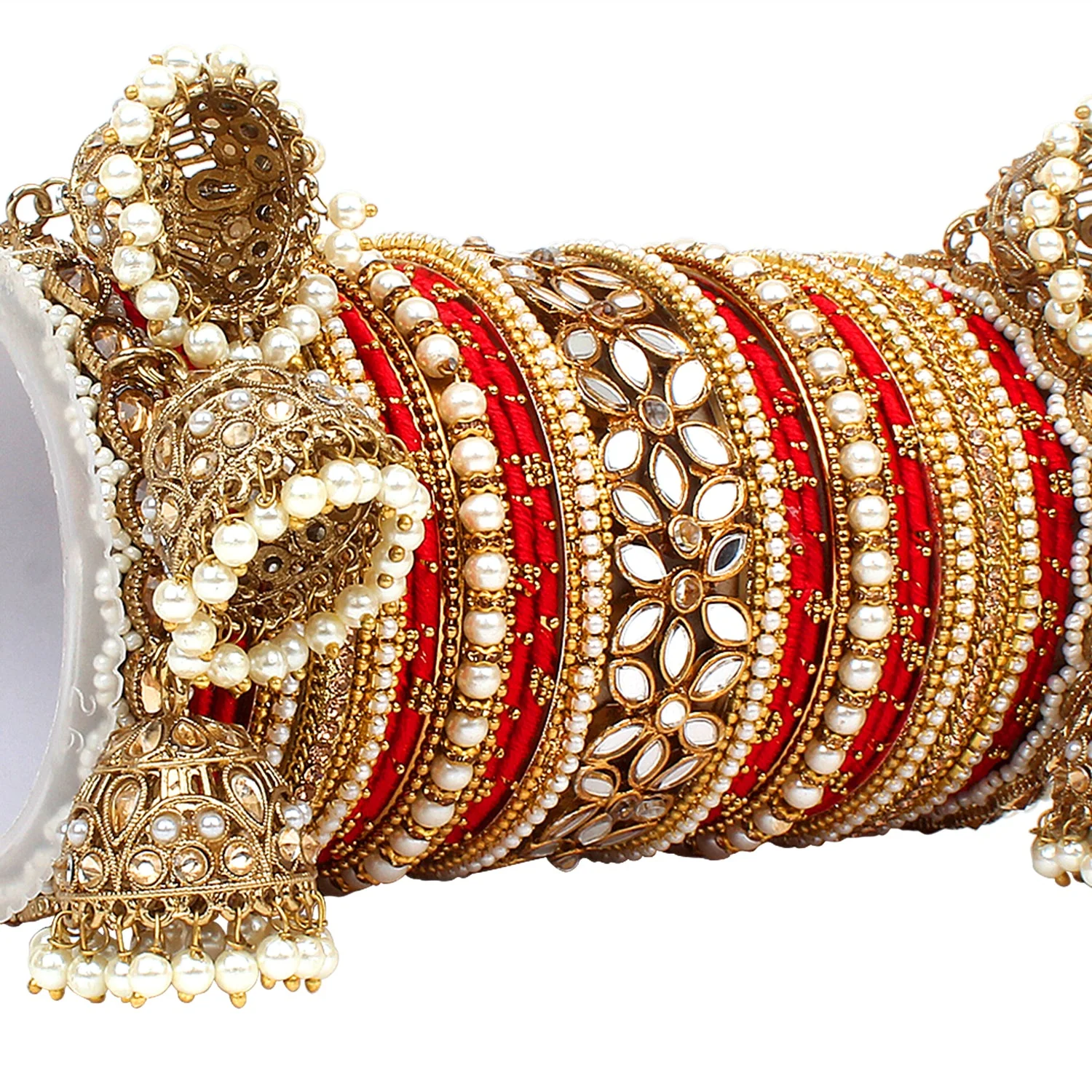 Traditional Jhumki Bangle Set with Thread Bangles and Mirror Kada - Image 12
