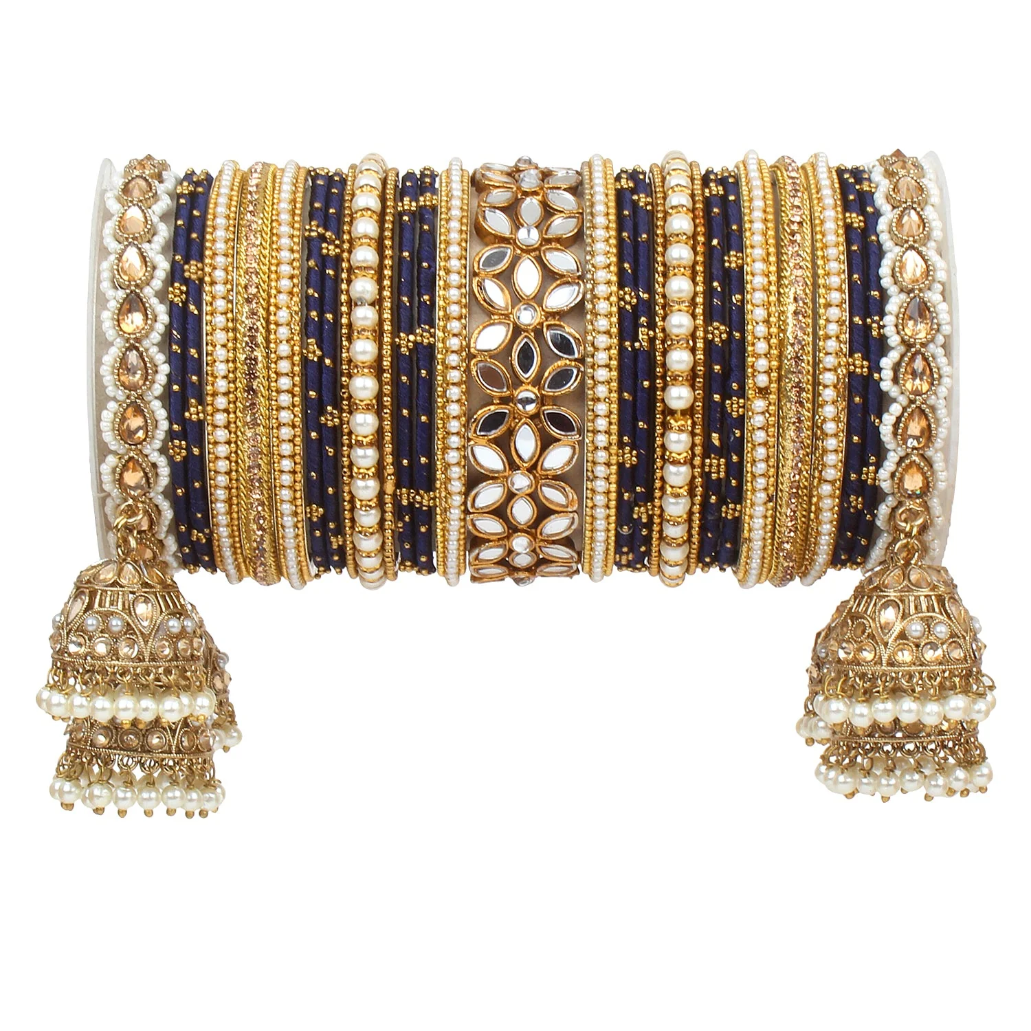 Traditional Jhumki Bangle Set with Thread Bangles and Mirror Kada - Image 14