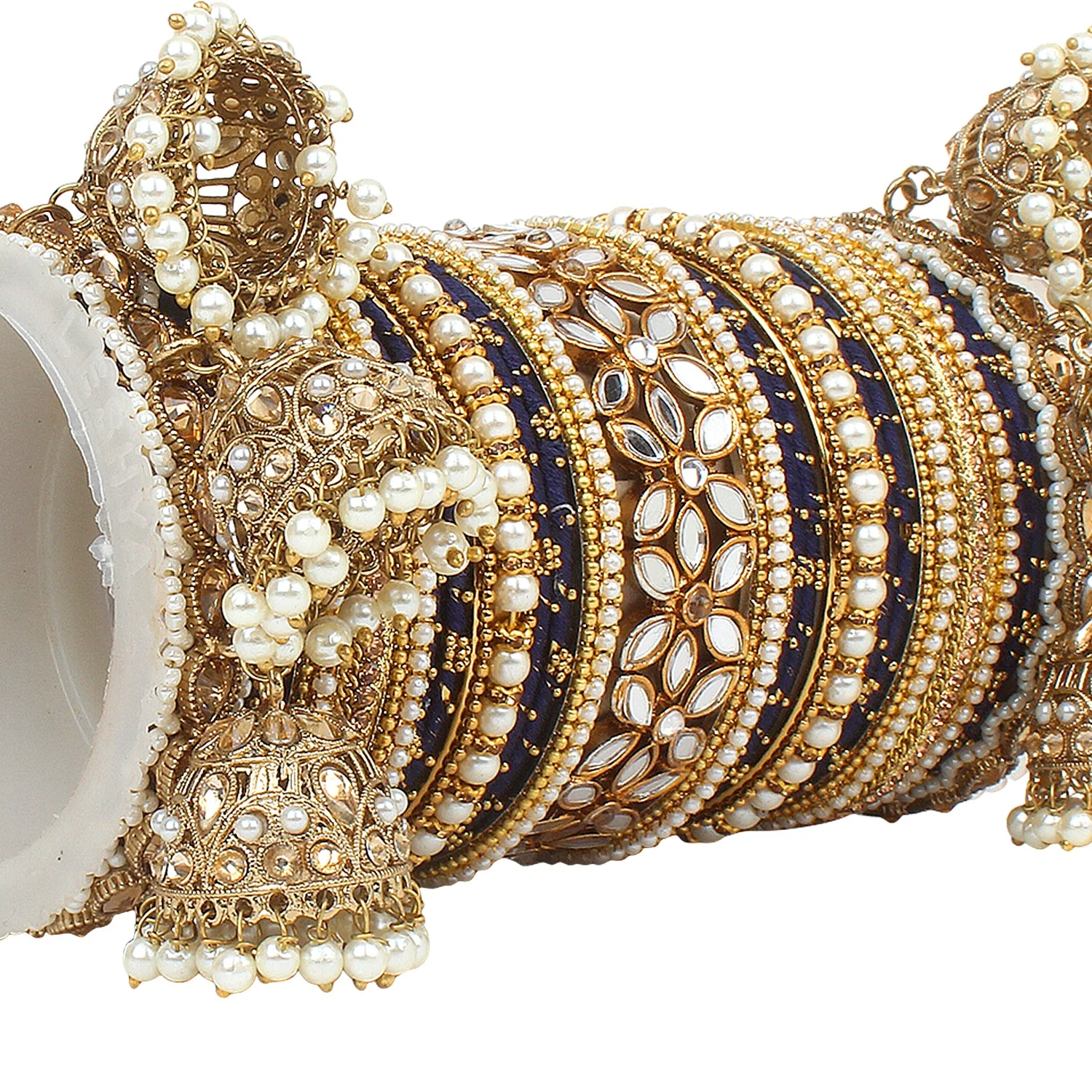 Traditional Jhumki Bangle Set with Thread Bangles and Mirror Kada - Image 15