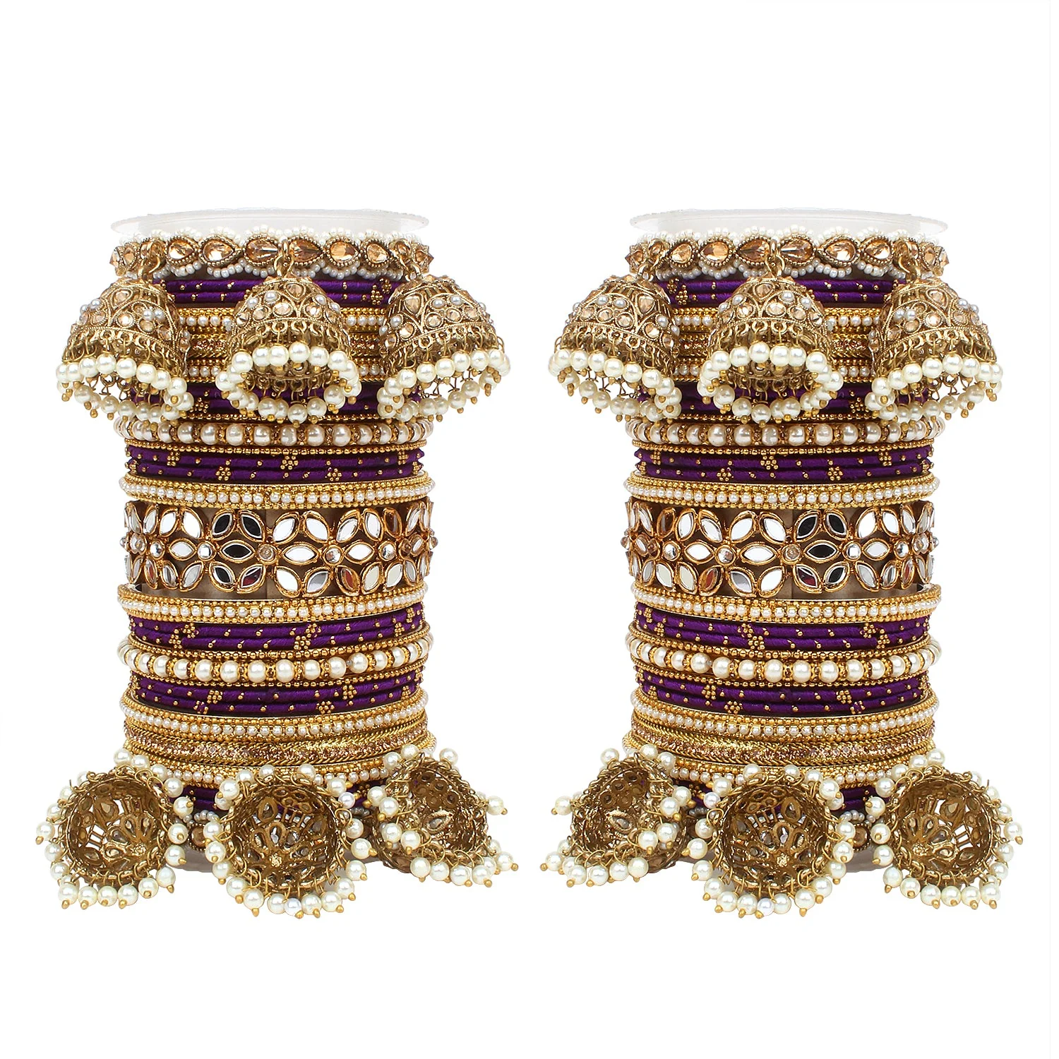Traditional Jhumki Bangle Set with Thread Bangles and Mirror Kada - Image 16