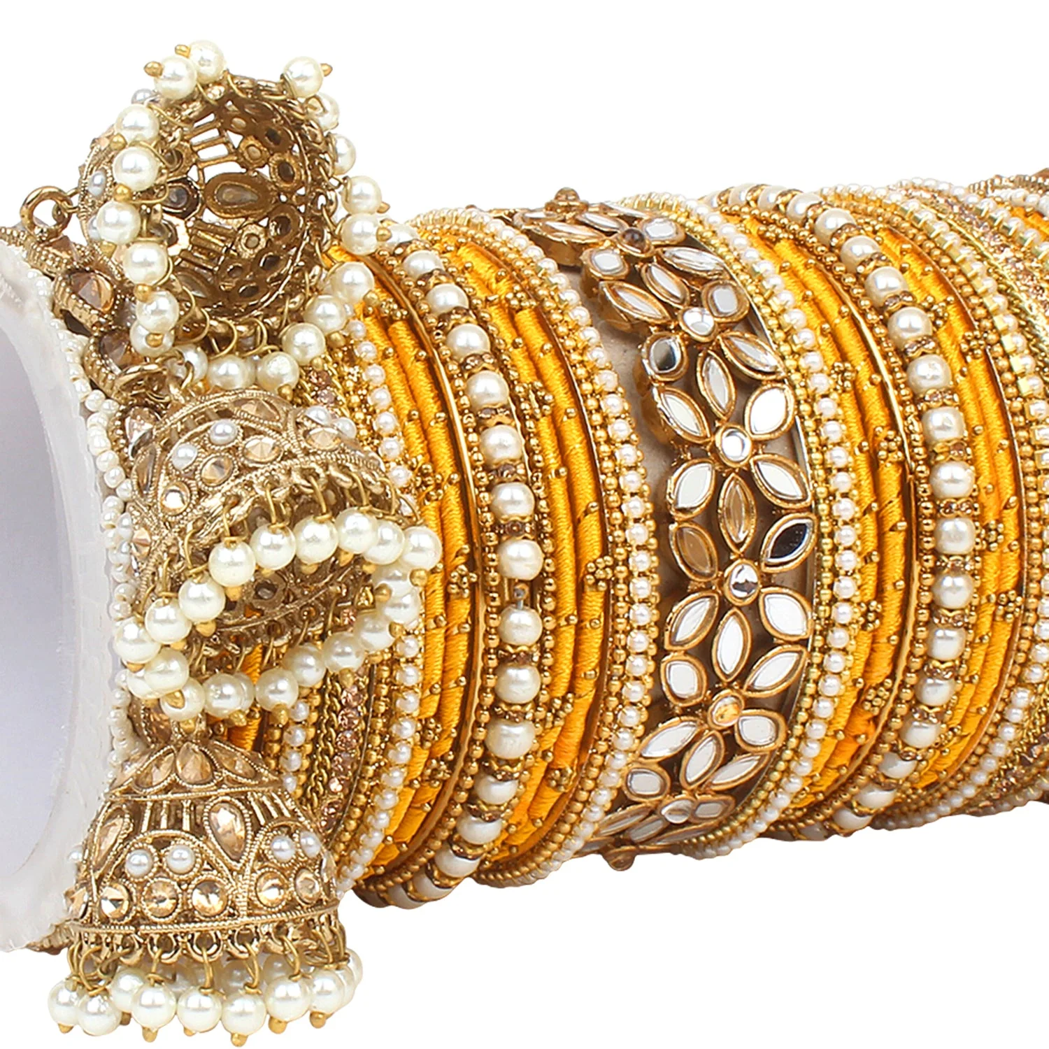 Traditional Jhumki Bangle Set with Thread Bangles and Mirror Kada - Image 24