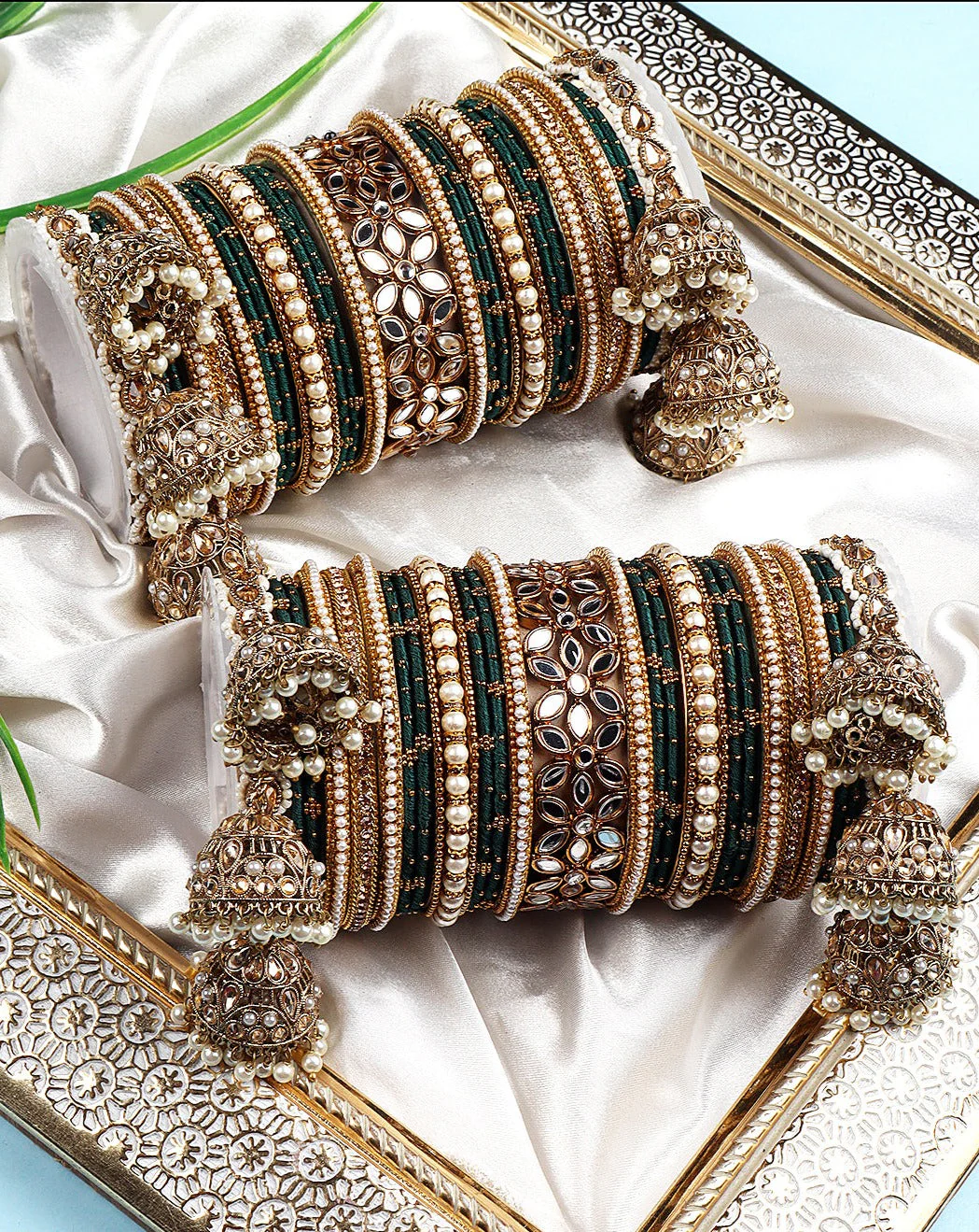 Traditional Jhumki Bangle Set with Thread Bangles and Mirror Kada - Image 3