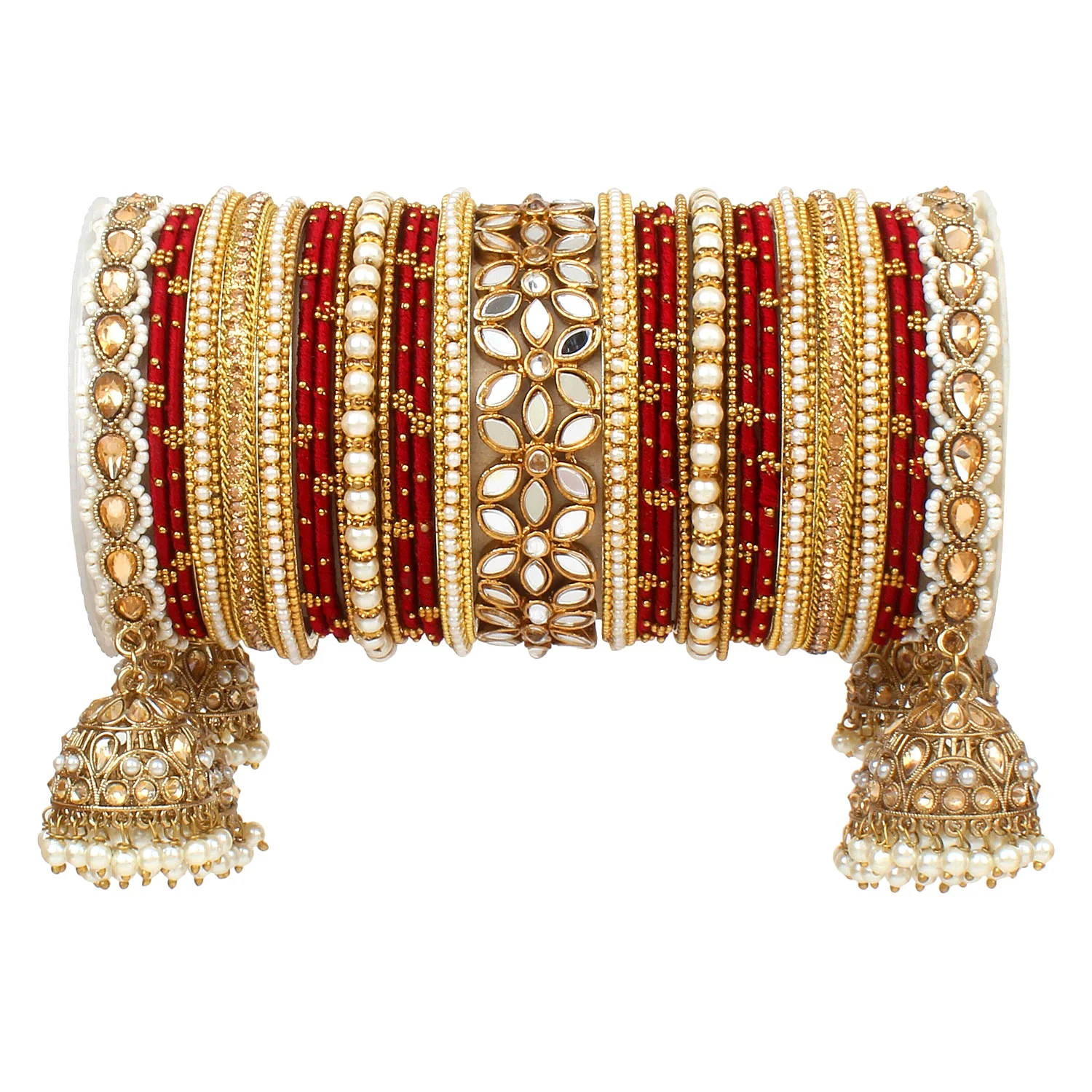 Traditional Jhumki Bangle Set with Thread Bangles and Mirror Kada - Image 8
