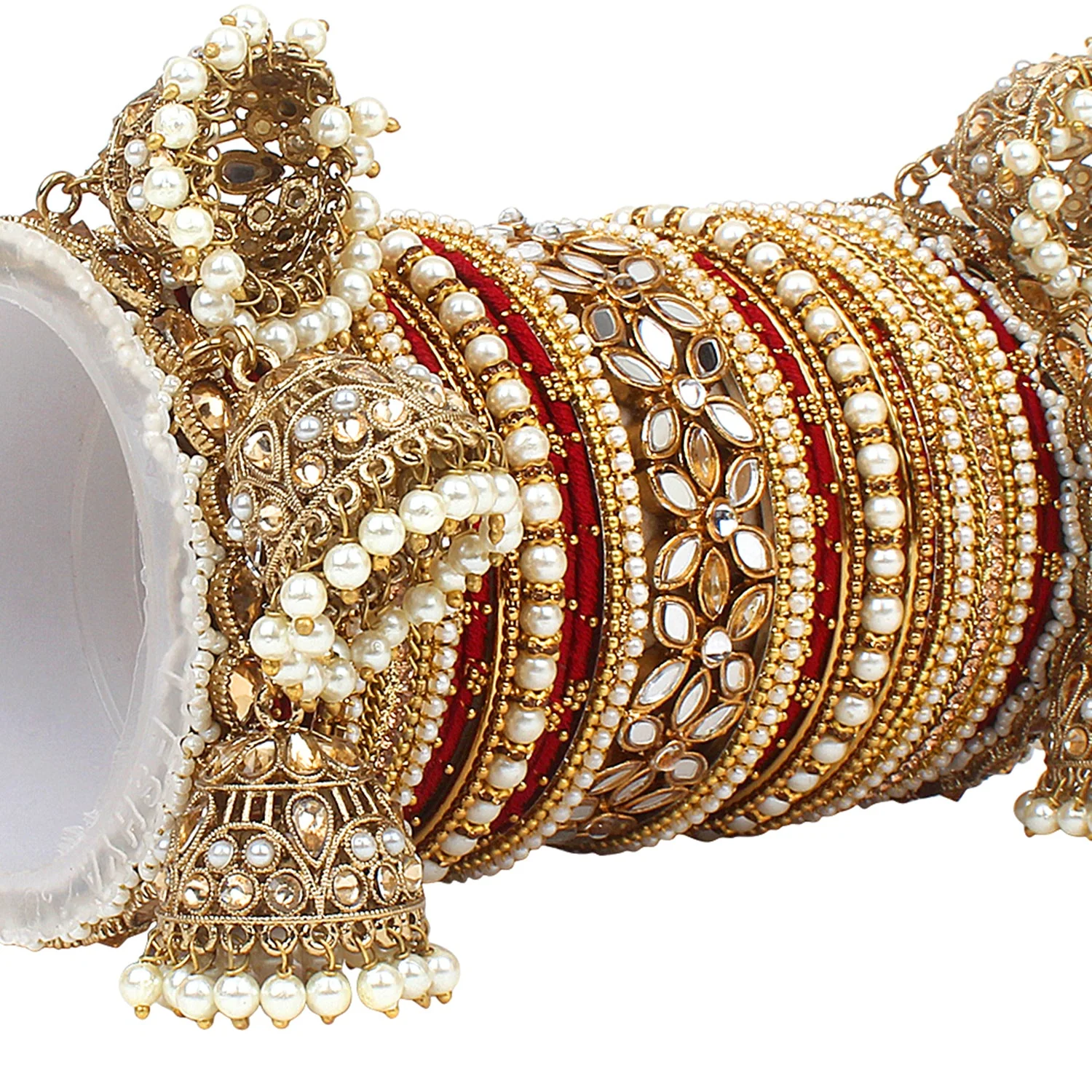 Traditional Jhumki Bangle Set with Thread Bangles and Mirror Kada - Image 9