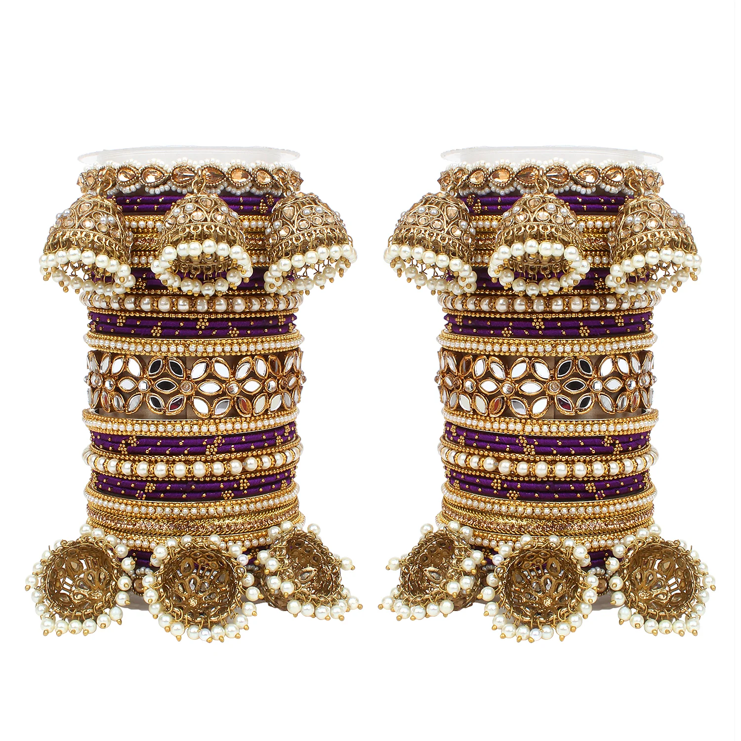 Traditional Jhumki Bangle Set with Thread Bangles and Mirror Kada - Image 15