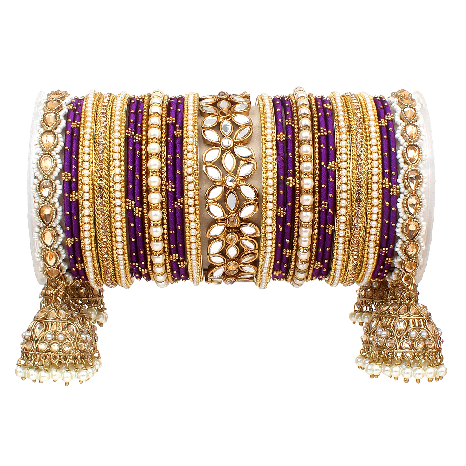 Traditional Jhumki Bangle Set with Thread Bangles and Mirror Kada - Image 16