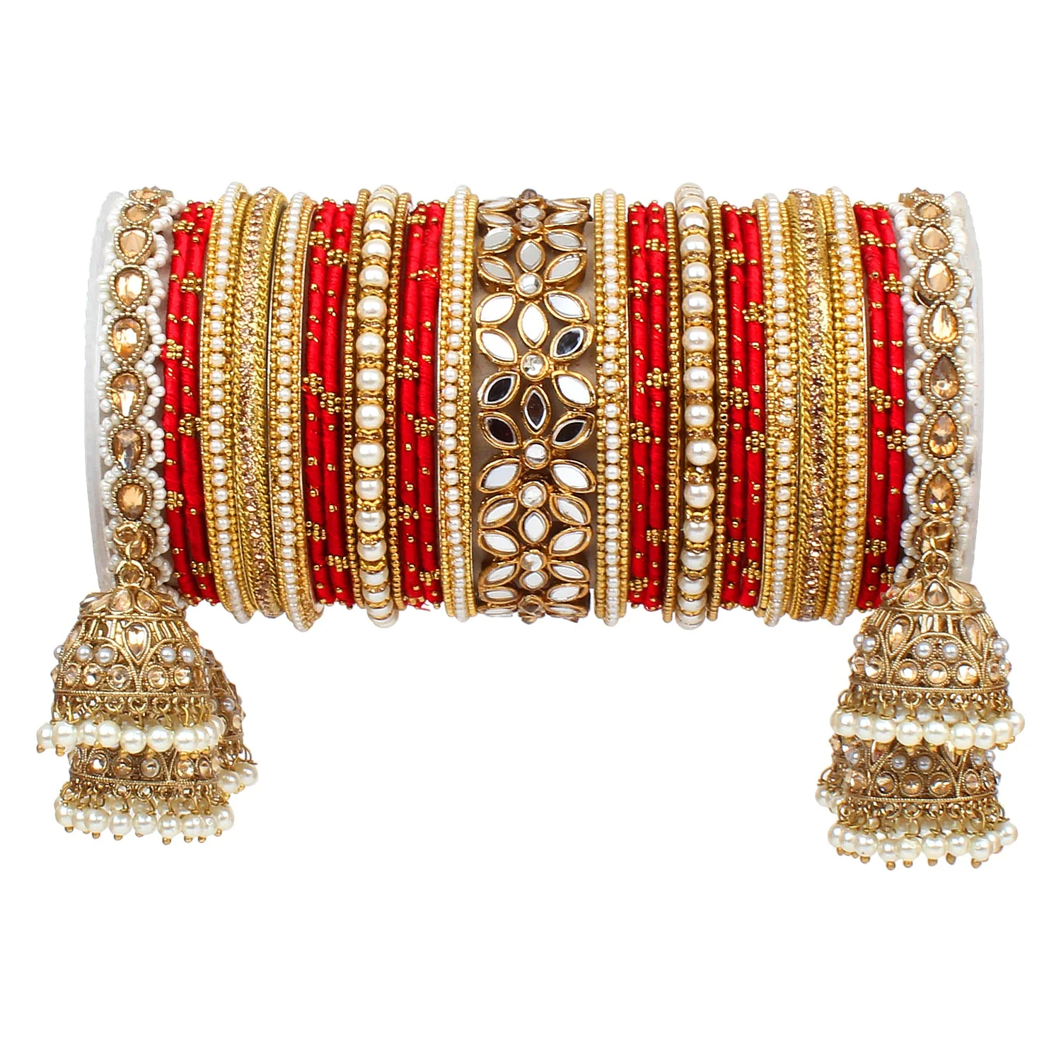 Traditional Jhumki Bangle Set with Thread Bangles and Mirror Kada - Image 12