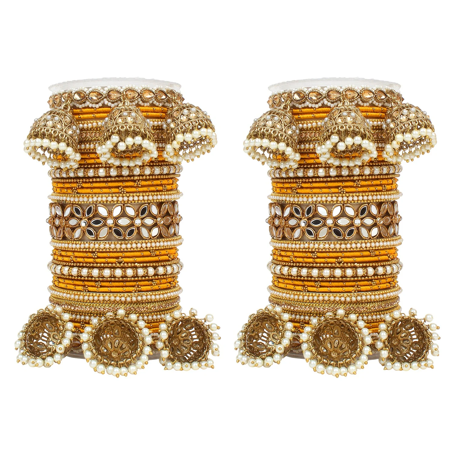 Traditional Jhumki Bangle Set with Thread Bangles and Mirror Kada - Image 22