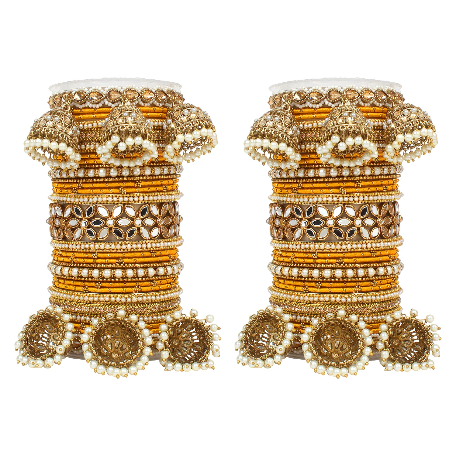 Traditional Jhumki Bangle Set with Thread Bangles and Mirror Kada - Image 23