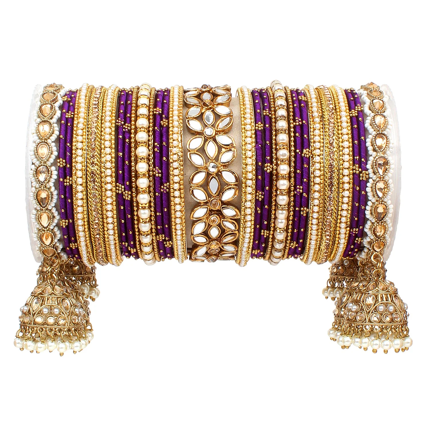 Traditional Jhumki Bangle Set with Thread Bangles and Mirror Kada - Image 18