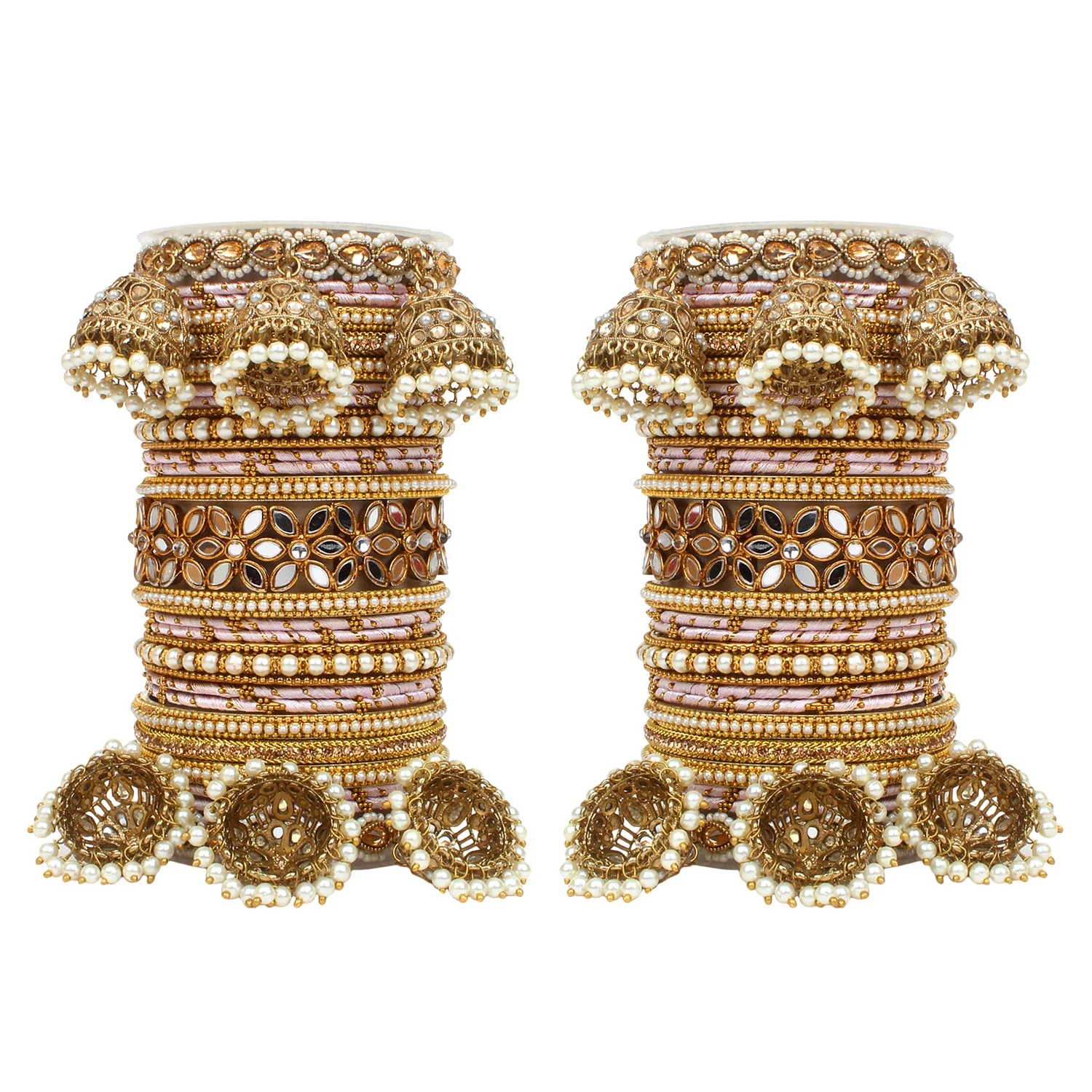 Traditional Jhumki Bangle Set with Thread Bangles and Mirror Kada - Image 20