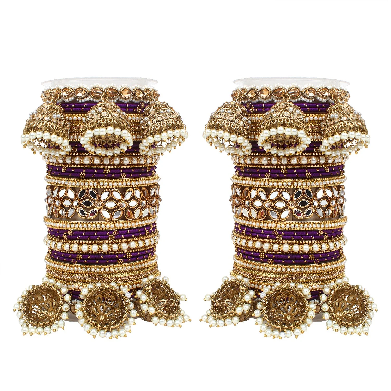 Traditional Jhumki Bangle Set with Thread Bangles and Mirror Kada - Image 14