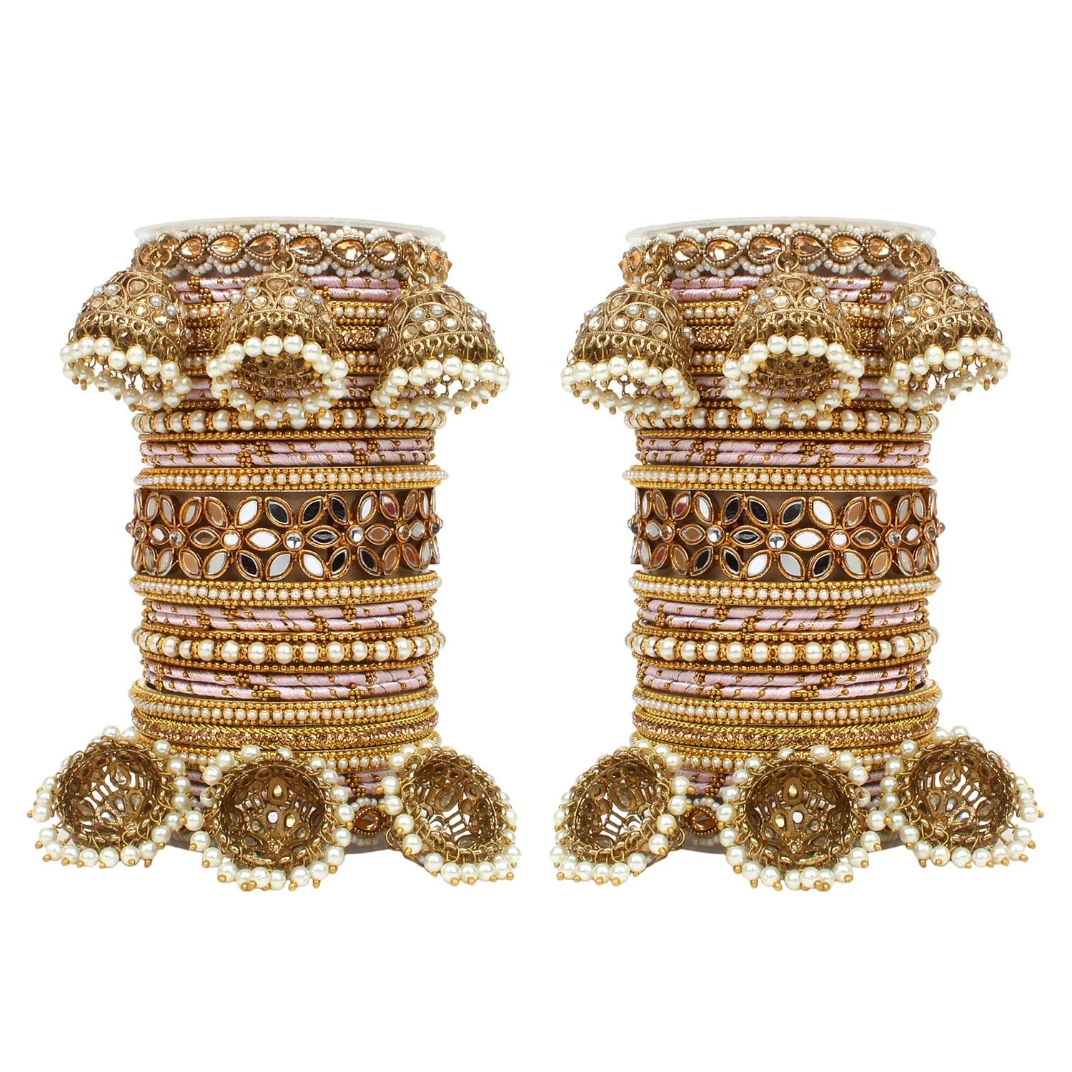 Traditional Jhumki Bangle Set with Thread Bangles and Mirror Kada - Image 17