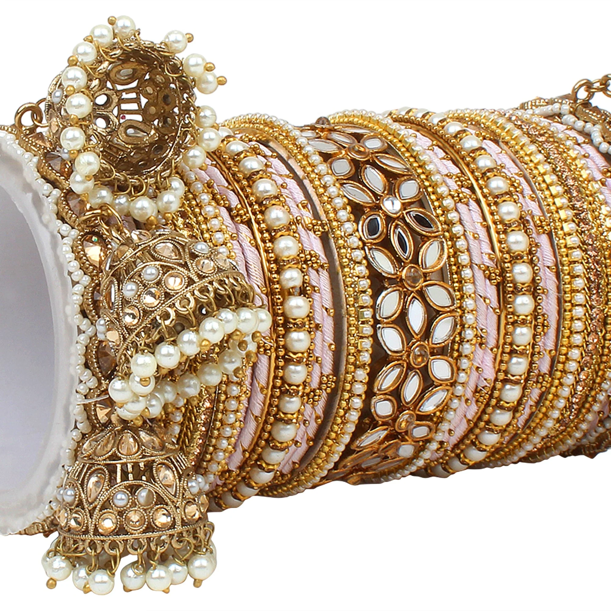 Traditional Jhumki Bangle Set with Thread Bangles and Mirror Kada - Image 18