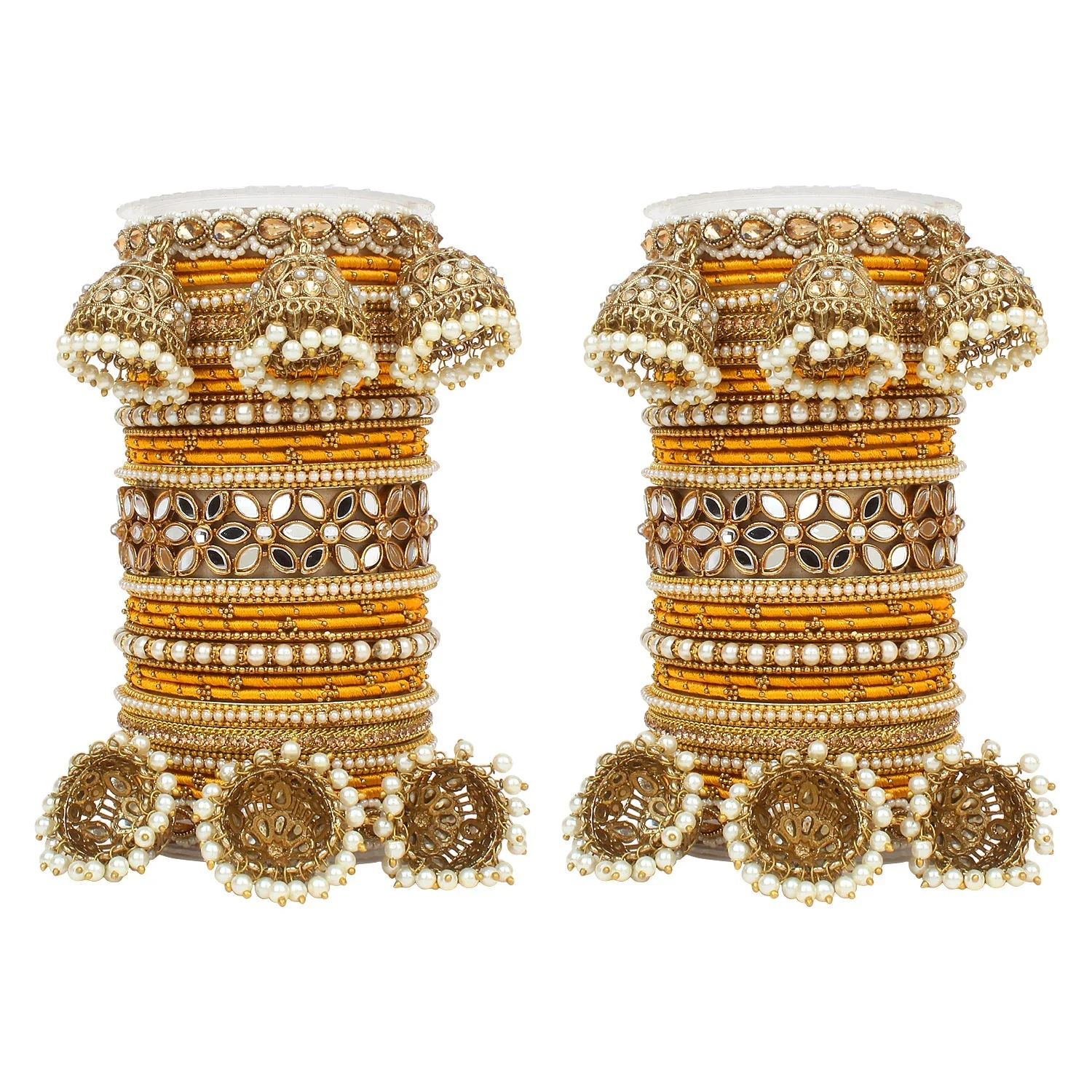 Traditional Jhumki Bangle Set with Thread Bangles and Mirror Kada - Image 22