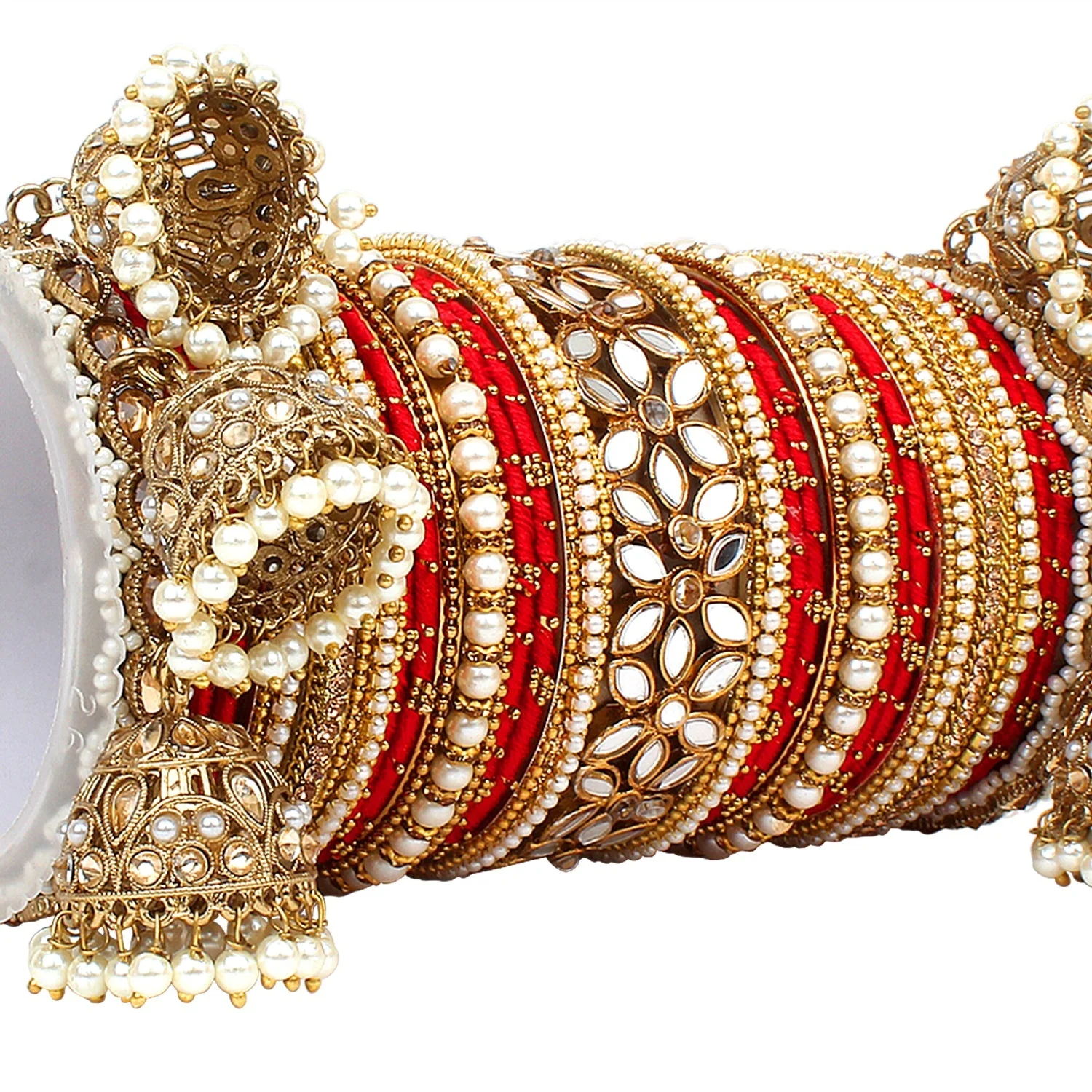 Traditional Jhumki Bangle Set with Thread Bangles and Mirror Kada - Image 3