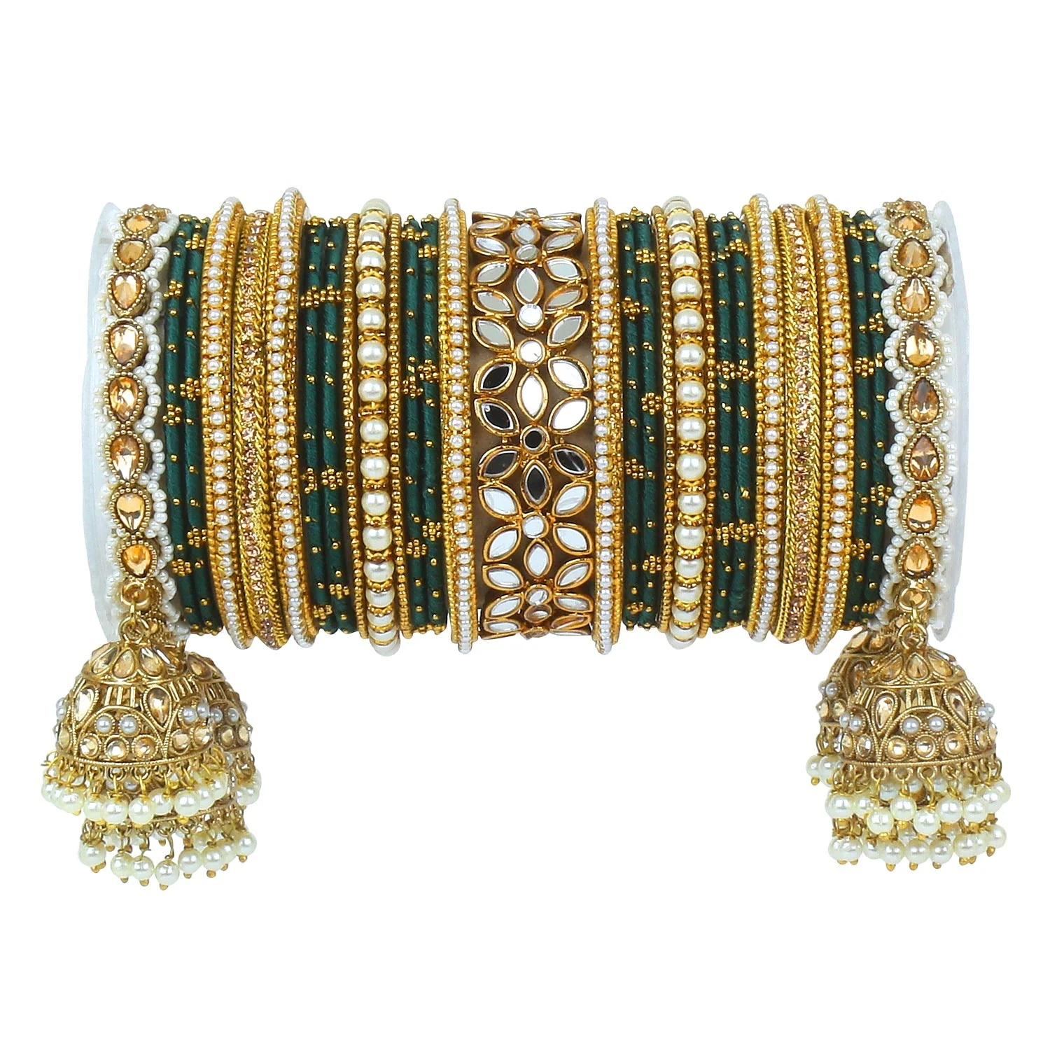 Traditional Jhumki Bangle Set with Thread Bangles and Mirror Kada - Image 8