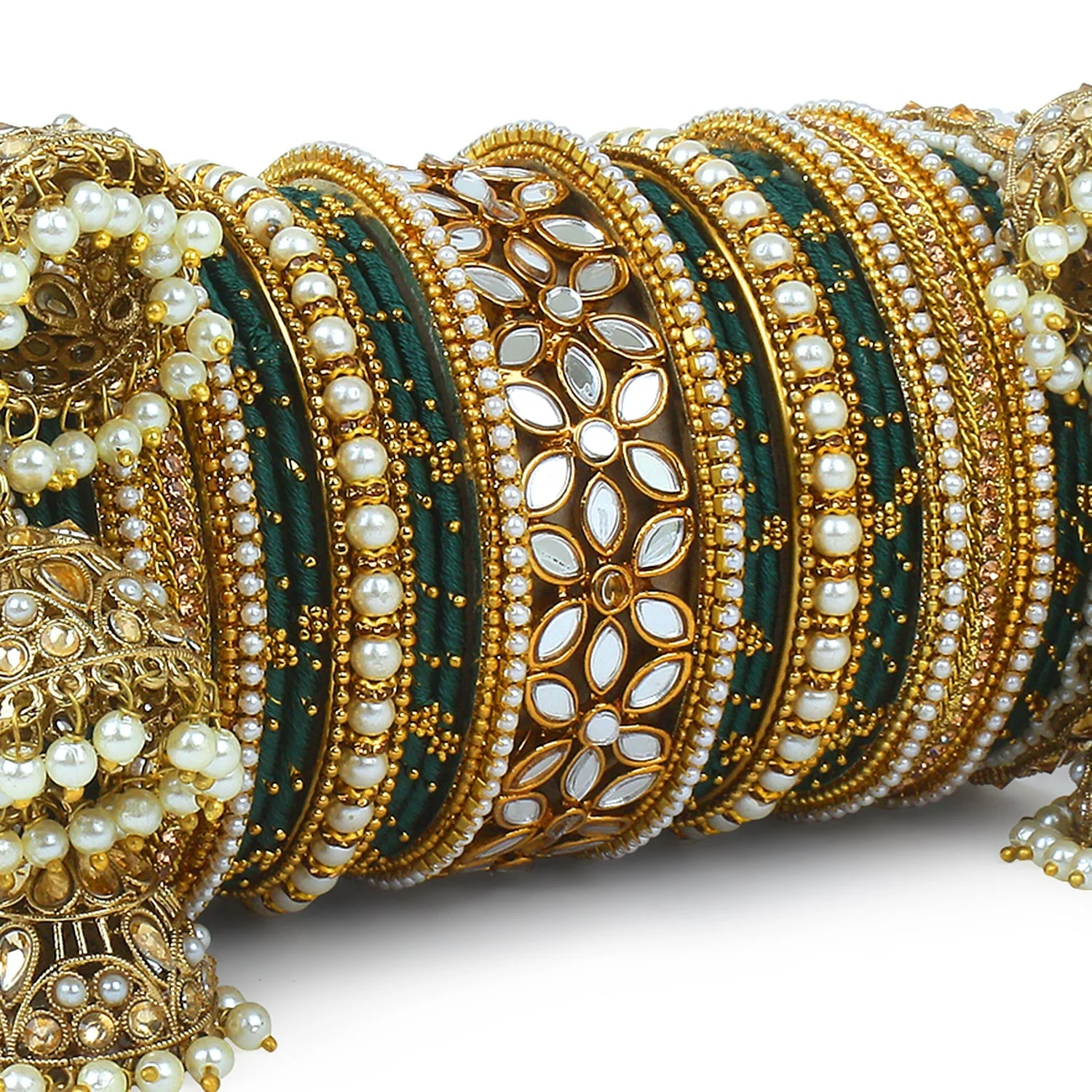 Traditional Jhumki Bangle Set with Thread Bangles and Mirror Kada - Image 9