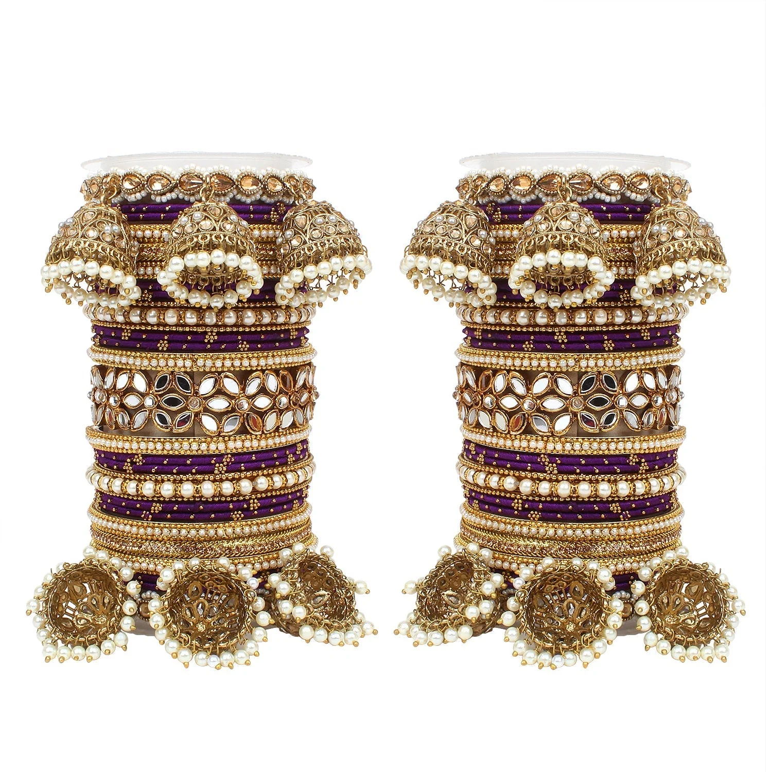 Traditional Jhumki Bangle Set with Thread Bangles and Mirror Kada - Image 14