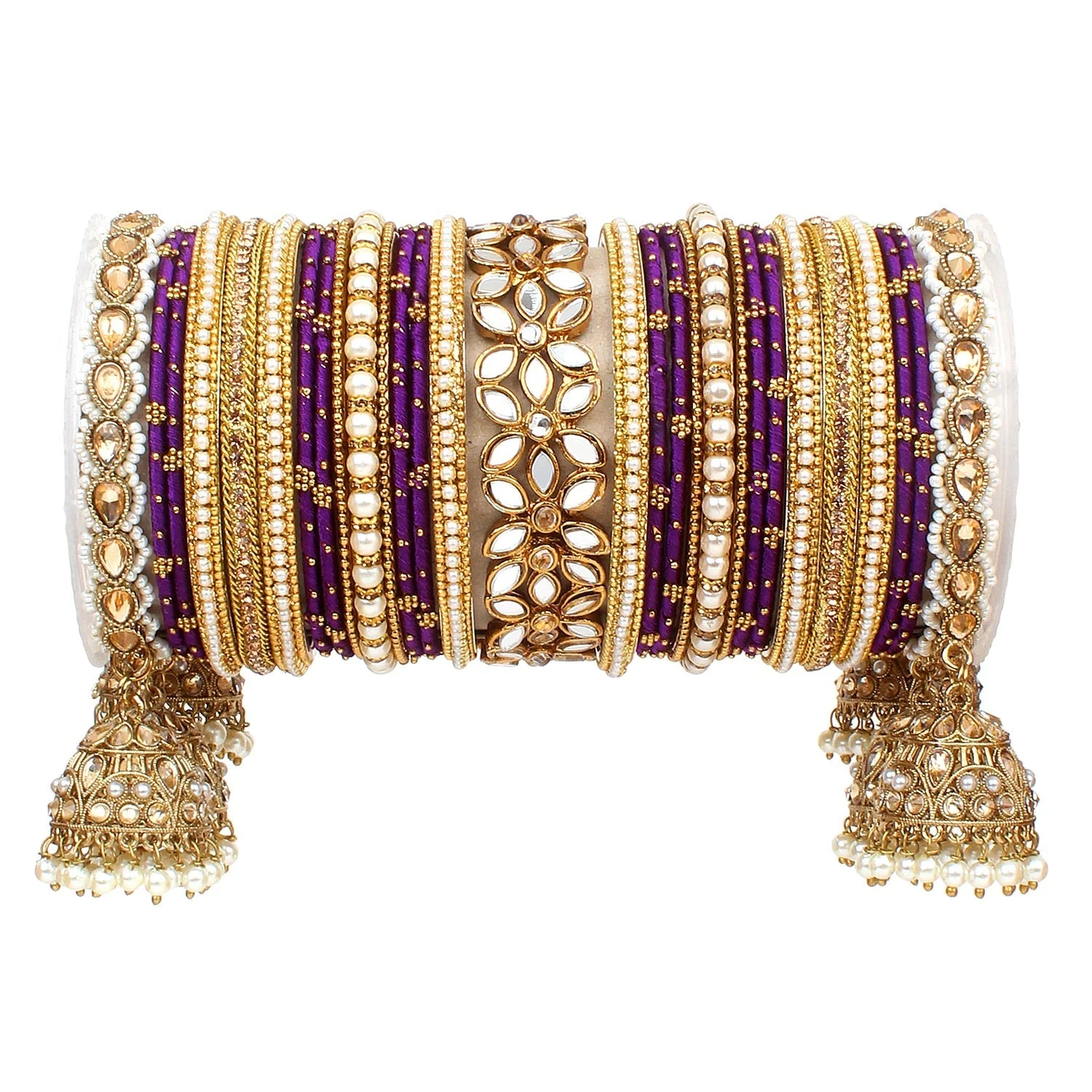 Traditional Jhumki Bangle Set with Thread Bangles and Mirror Kada - Image 15