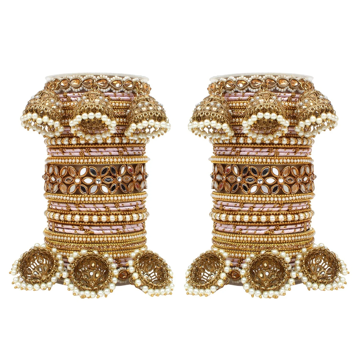 Traditional Jhumki Bangle Set with Thread Bangles and Mirror Kada - Image 17