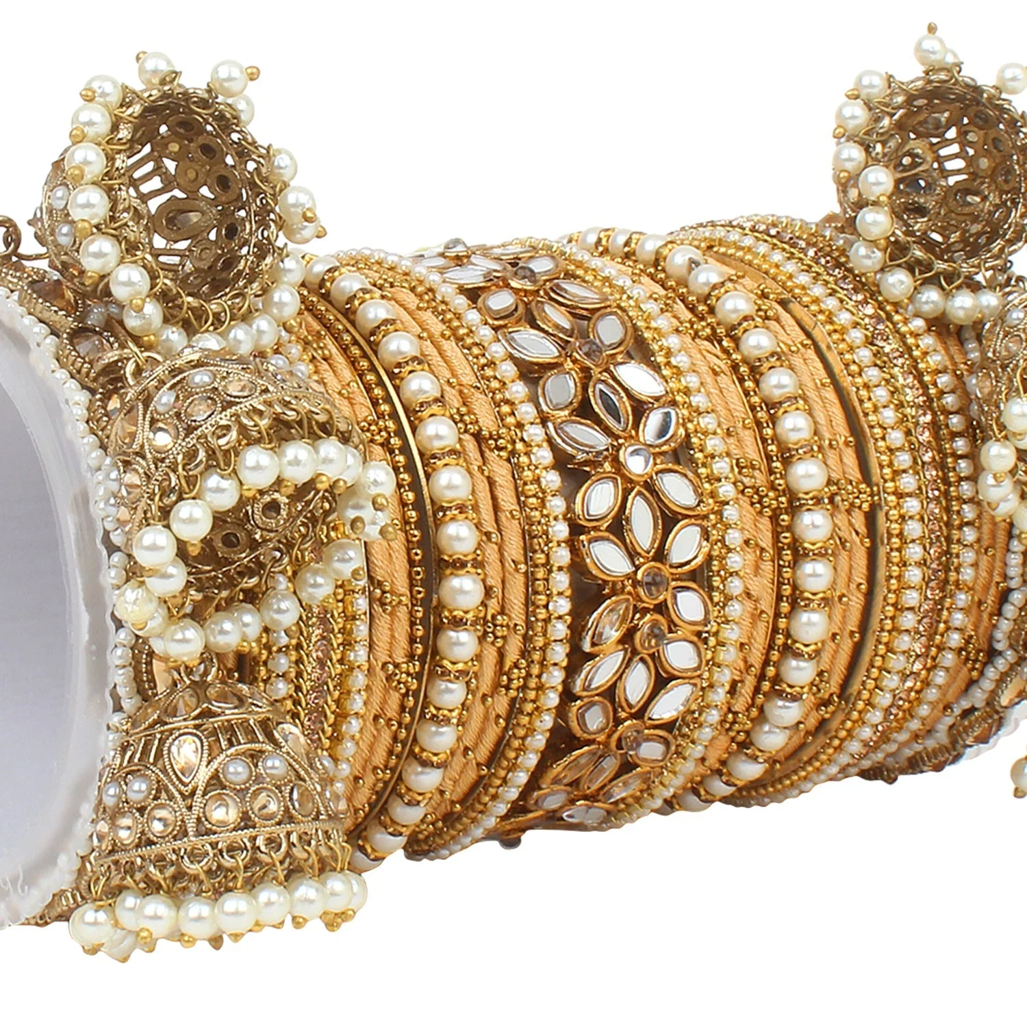 Traditional Jhumki Bangle Set with Thread Bangles and Mirror Kada - Image 21