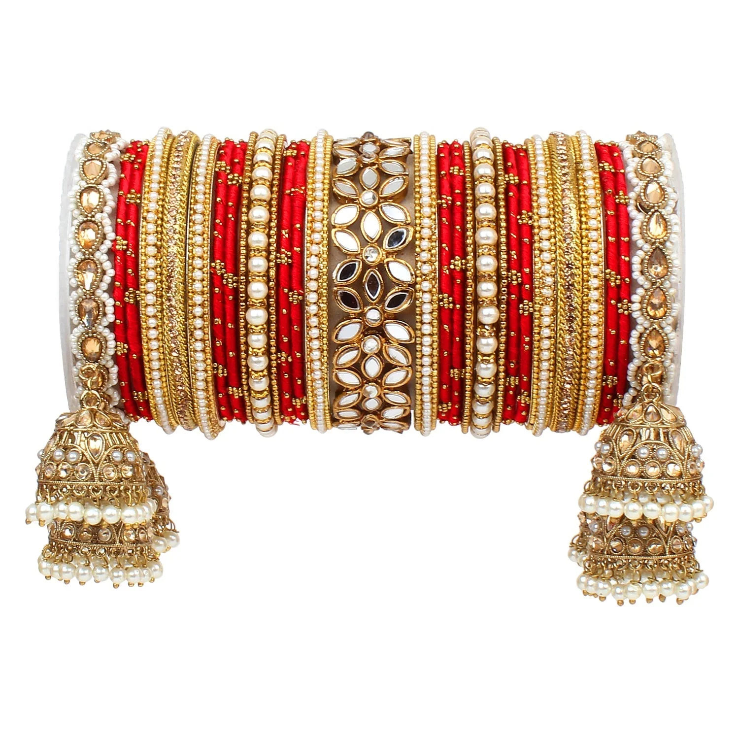 Traditional Jhumki Bangle Set with Thread Bangles and Mirror Kada - Image 5