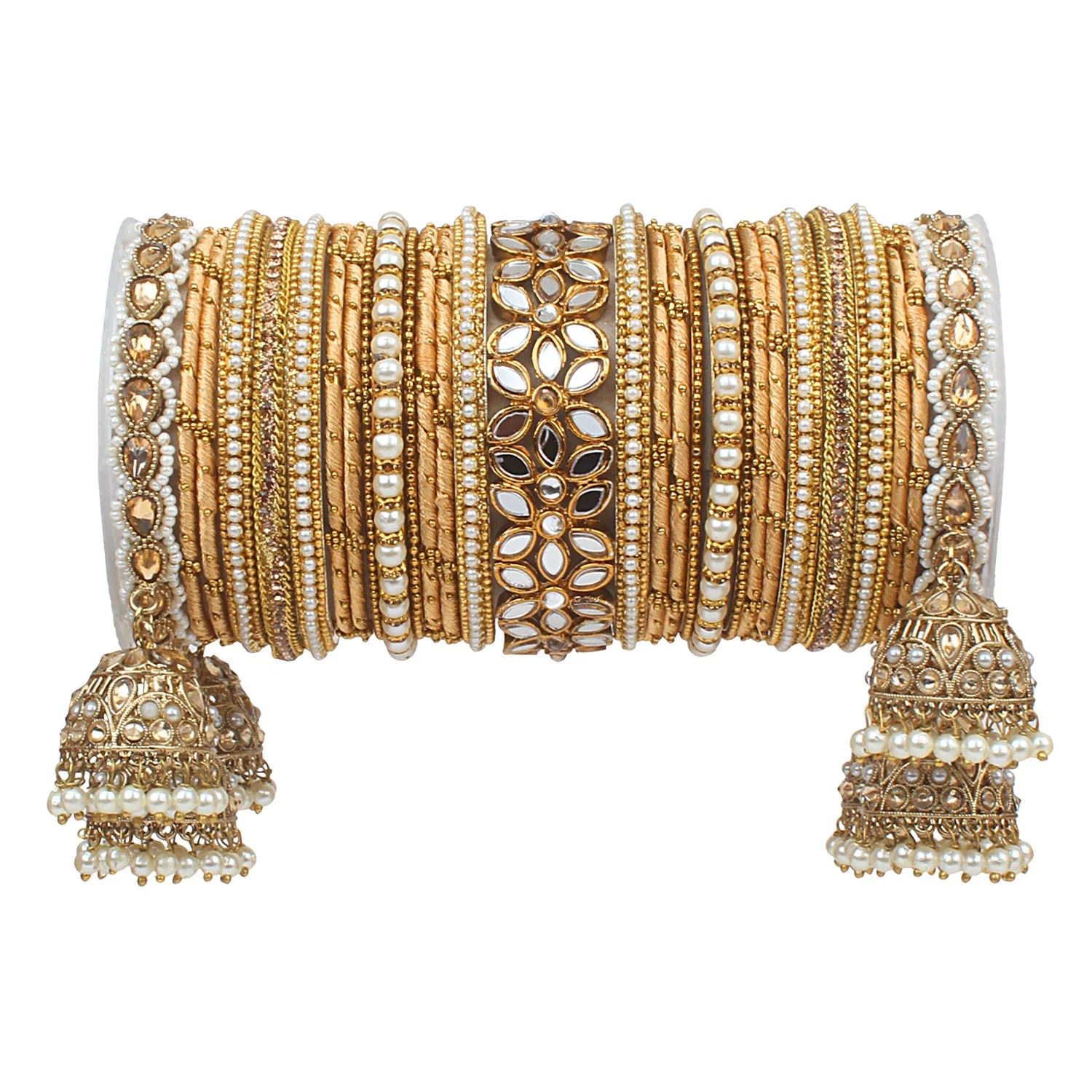 Traditional Jhumki Bangle Set with Thread Bangles and Mirror Kada - Image 2