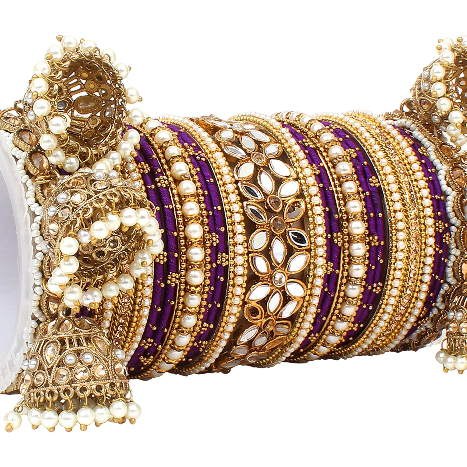 Traditional Jhumki Bangle Set with Thread Bangles and Mirror Kada - Image 20