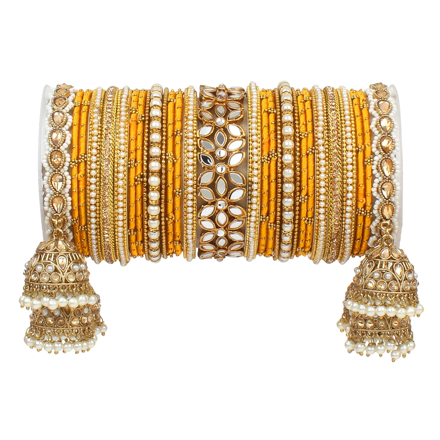 Traditional Jhumki Bangle Set with Thread Bangles and Mirror Kada - Image 24