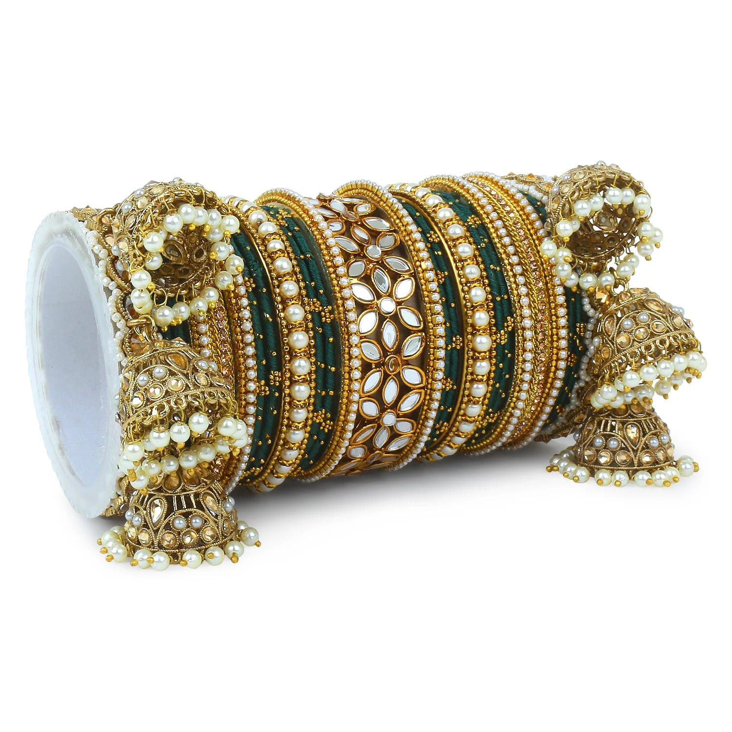 Traditional Jhumki Bangle Set with Thread Bangles and Mirror Kada - Image 8